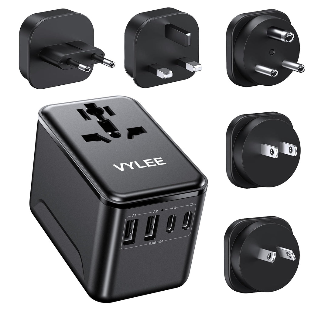 VYLEE Travel Adapter Worldwide, Universal Travel Plug Adapter with 2 USB C and 2 USB A, International Socket Adapter for USA, England, Japan, Maldives, Sri Lanka, Australia (Type A/C/D/G/I)