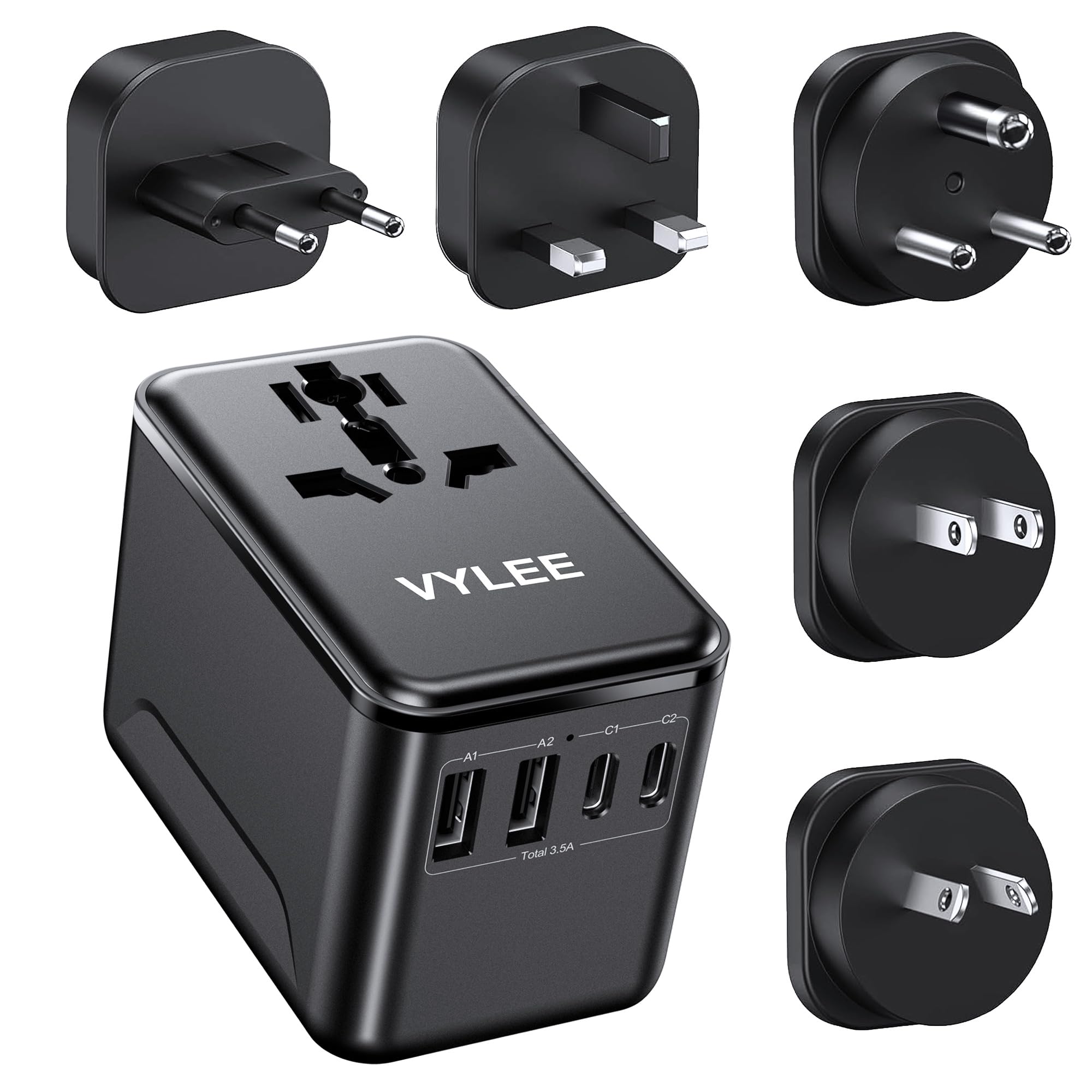VYLEE Travel Adapter Worldwide, Universal Travel Plug Adapter with 2 USB C and 2 USB A, International Socket Adapter for USA, England, Japan, Maldives, Sri Lanka, Australia (Type A/C/D/G/I)