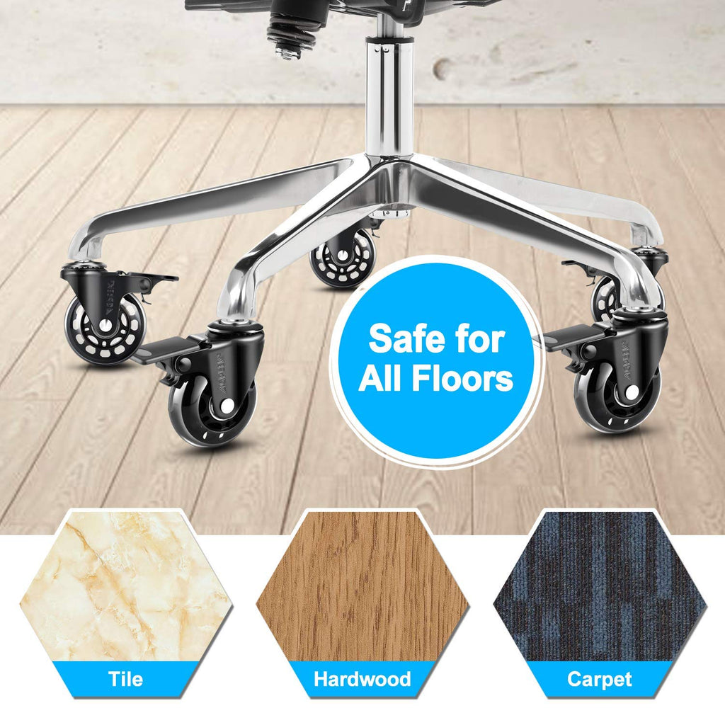 AGPTEK Set of 5 Office Chair Casters Heavy Duty with Locks, 11x22mm Office Chair Wheels Replacement with Brakes, Quiet Office Chair Wheels, No Noise, Game Chair Wheels for Hardwood Floors, Mat, Carpet