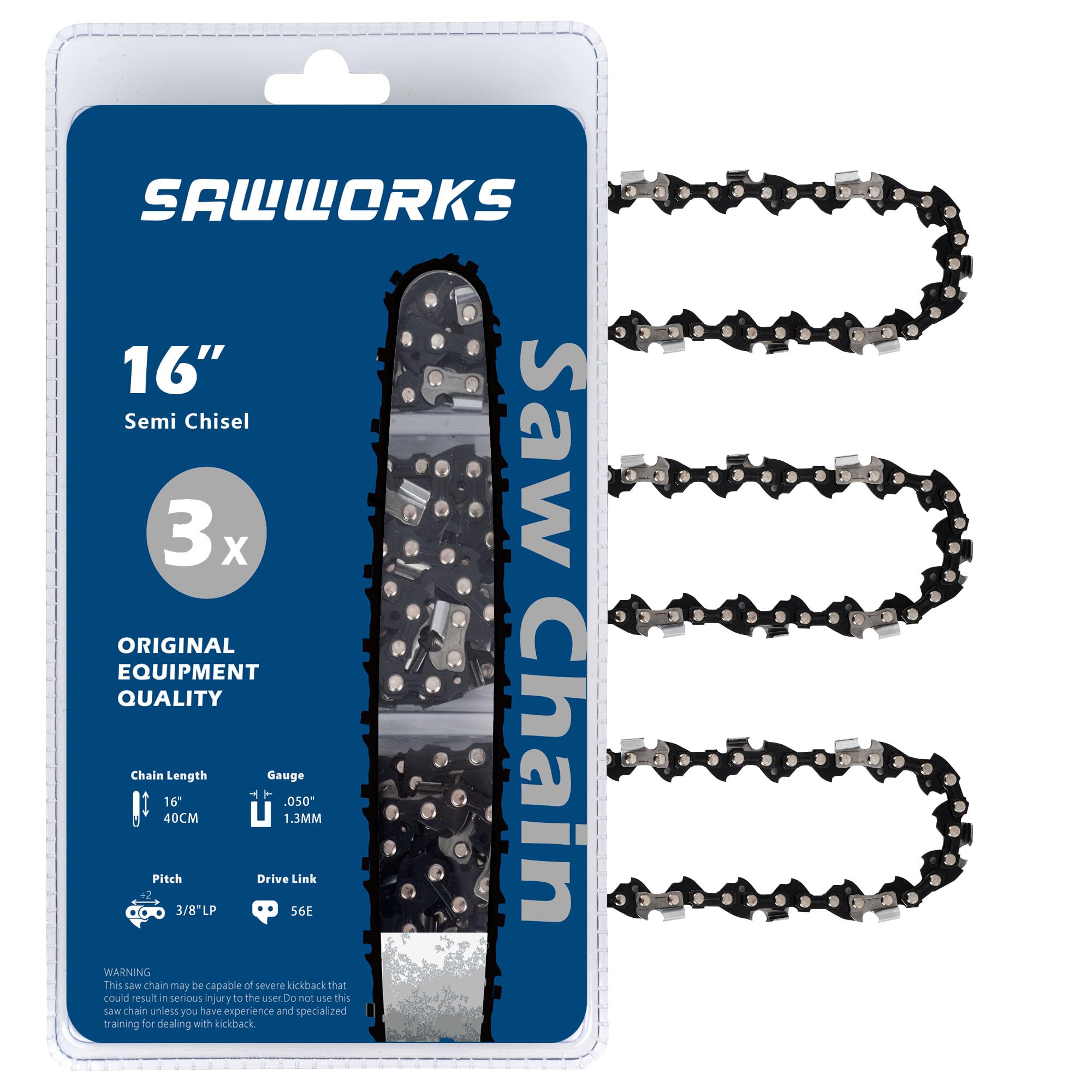 SawWorks 3-Pack 16 Inch Chainsaw Chain 3/8" LP Pitch .050" Gauge 56 Drive Links Fits Echo, Poulan, Greenworks 2904402, Husqvarna S93G, Echo, Craftsman and More