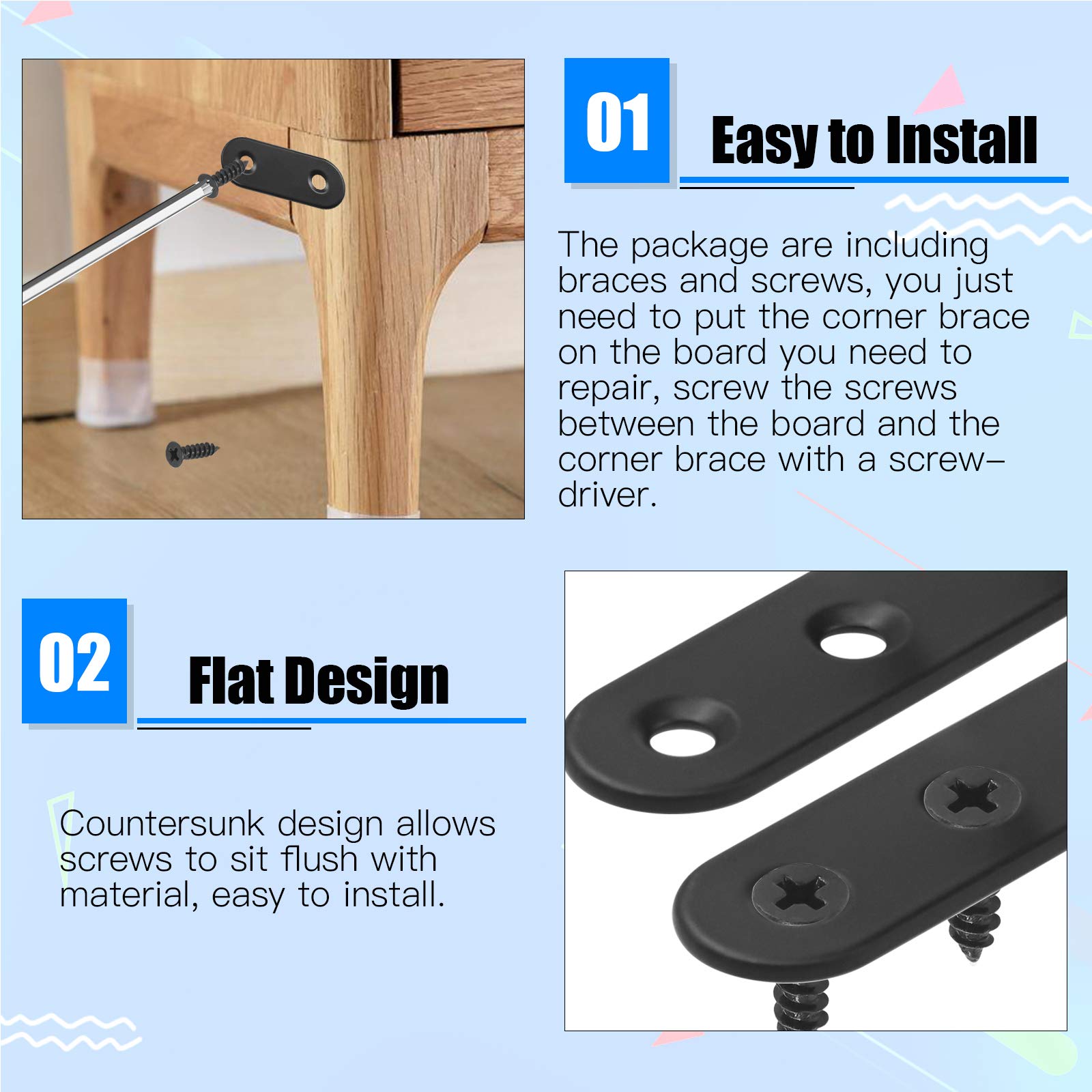 Glarks 134Pcs Black Corner Brace Set, 24Pcs L Shape Bracket and Flat Bracket Metal Joint Plate Fastener with 110Pcs Screws for Wood Wood Chair Bookshelf Board Window Furniture Cabinet