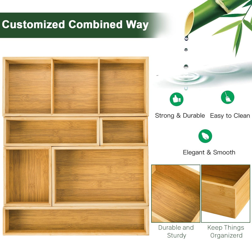 YOUEON Set of 6 Bamboo Drawer Organizers with Dividers Adjustable Multipurpose Storage Tray and Drawer Insert Box Bamboo Storage Boxes Divider Make-up Organiser for Home Office Kitchen Bedroom Desk