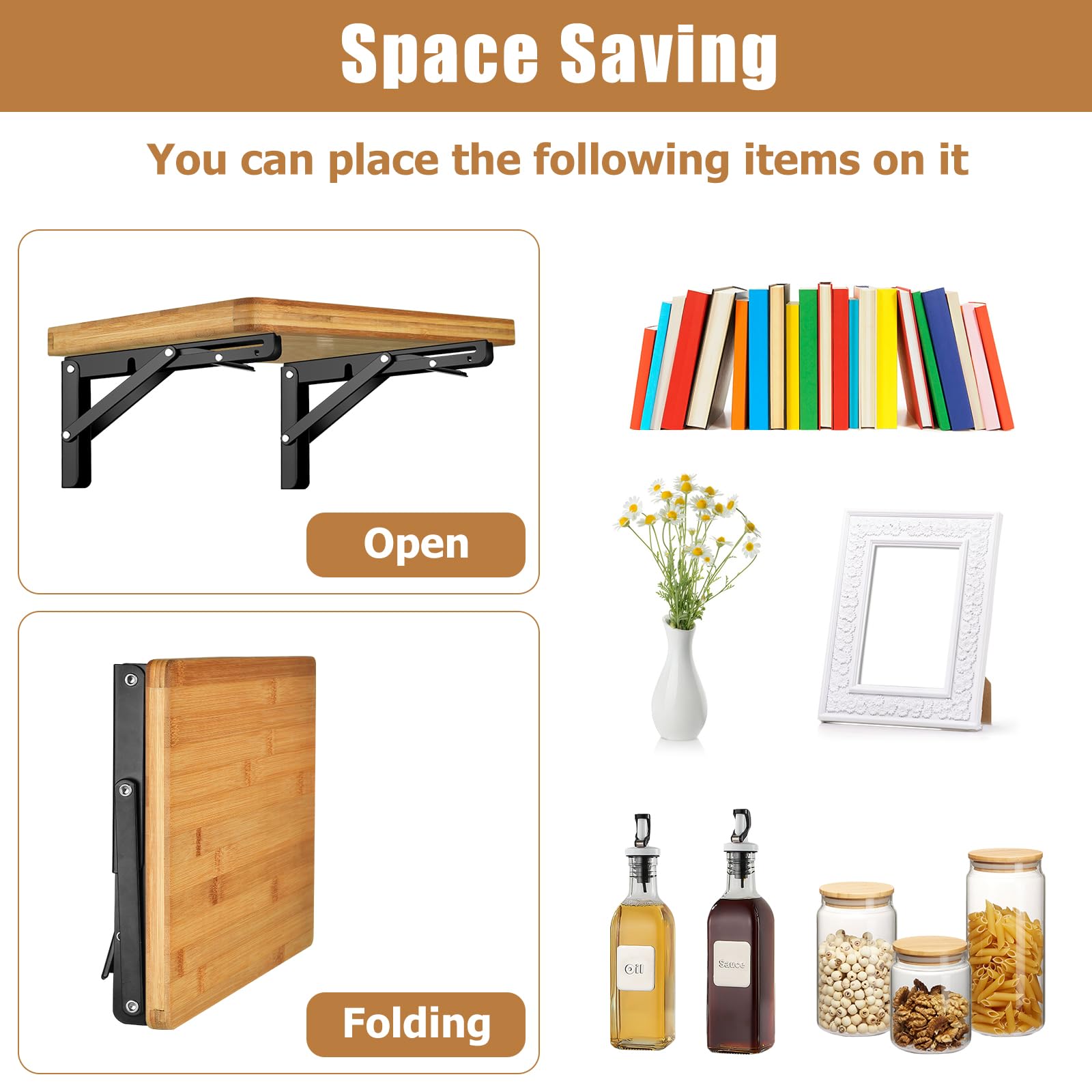 4 Pcs Folding Shelf Brackets, 8 inch Heavy Duty Foldable Triangle Shelving Brackets with Screws, Black Metal Wall Mounted Brackets for Bench Table, Space Saving, Shelves Support DIY