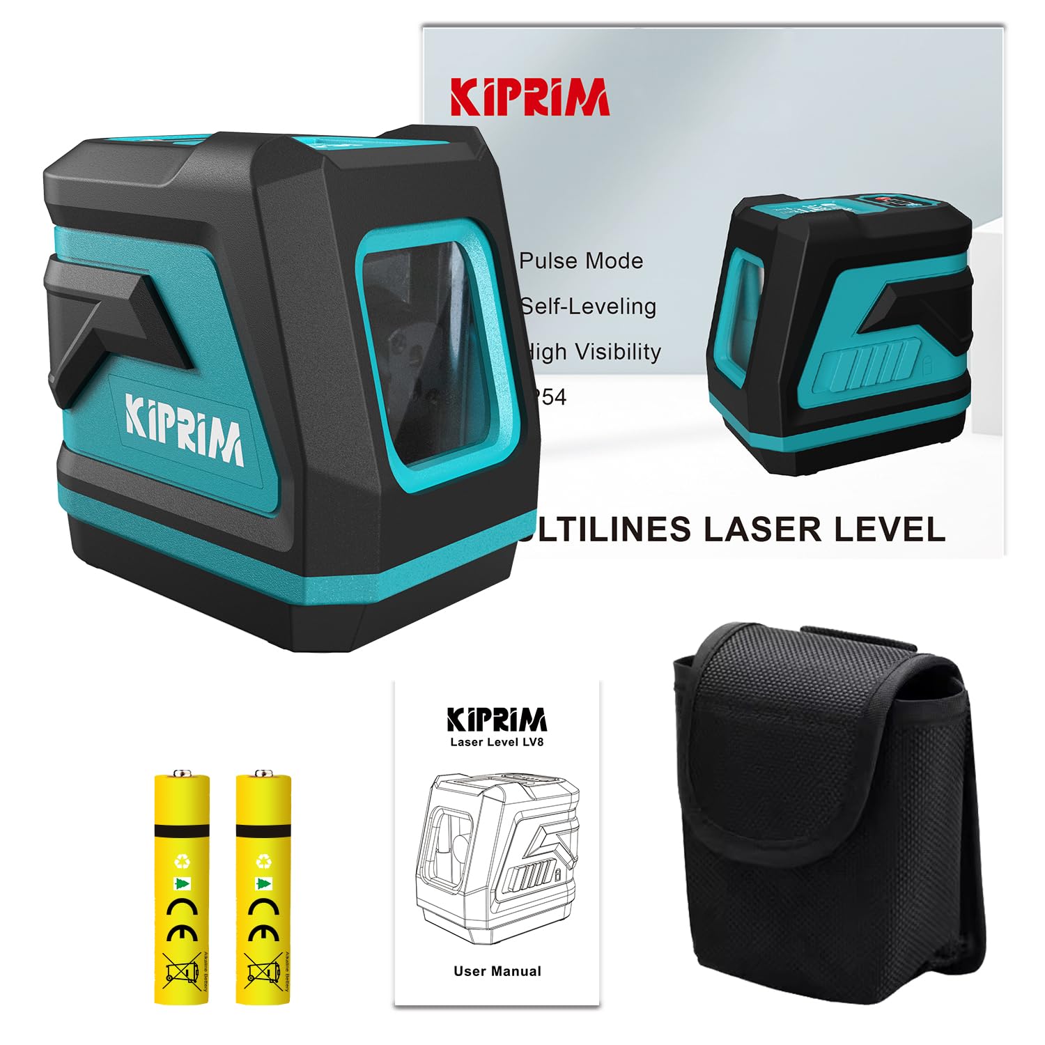 Kiprim Green Laser Level LV8 with Enhanced Visibility,Adjustable Brightness,Manual/Self Leveling/Pulse Mode,Batteries and Carrying Pouch Included