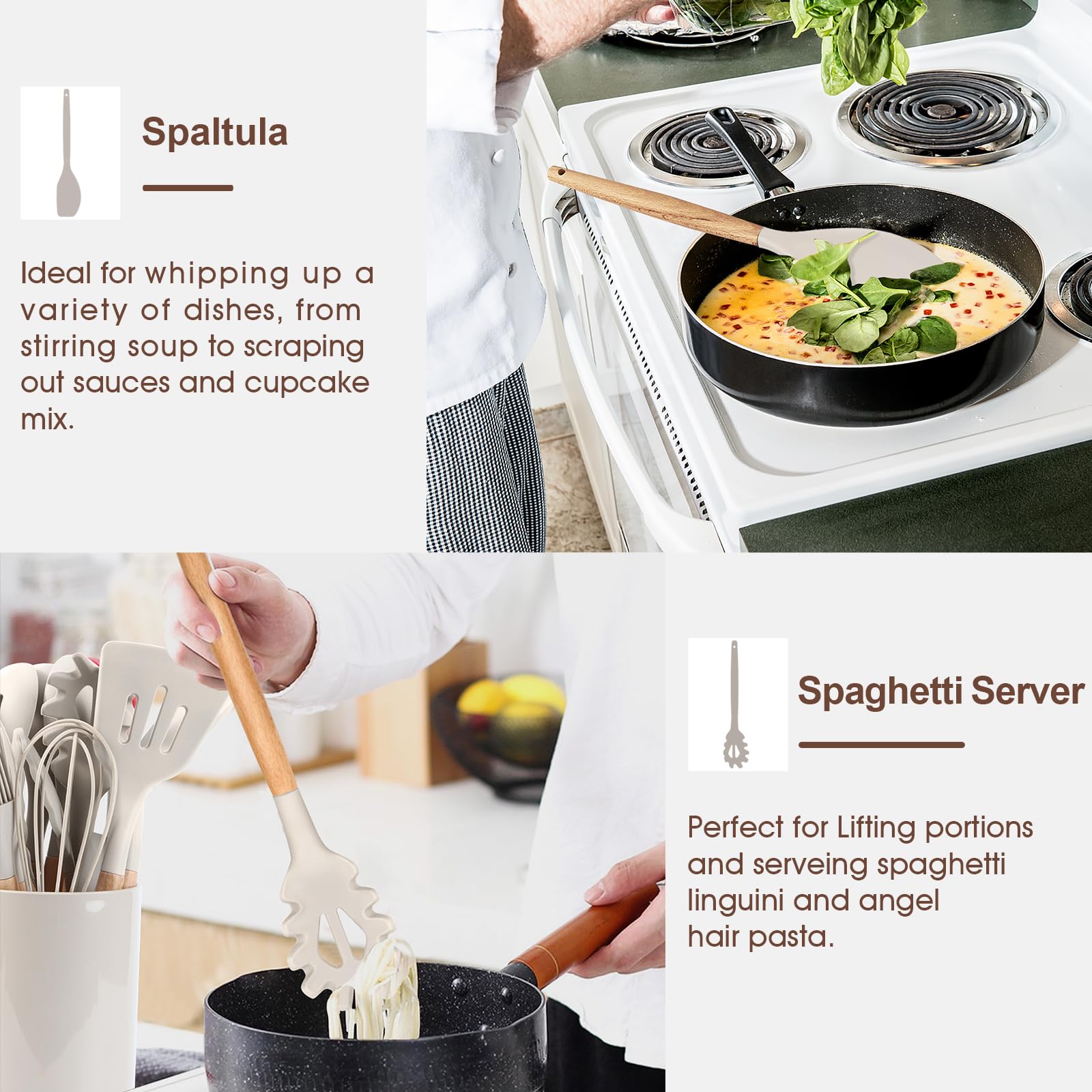 E-far Cooking Utensils Set of 6, Silicone Kitchen Utensils with Wooden Handle, Non-stick Cookware Friendly & Heat Resistant, Includes Spatula/Ladle/Slotted Turner/Serving Spoon/Spaghetti Server(Khaki)