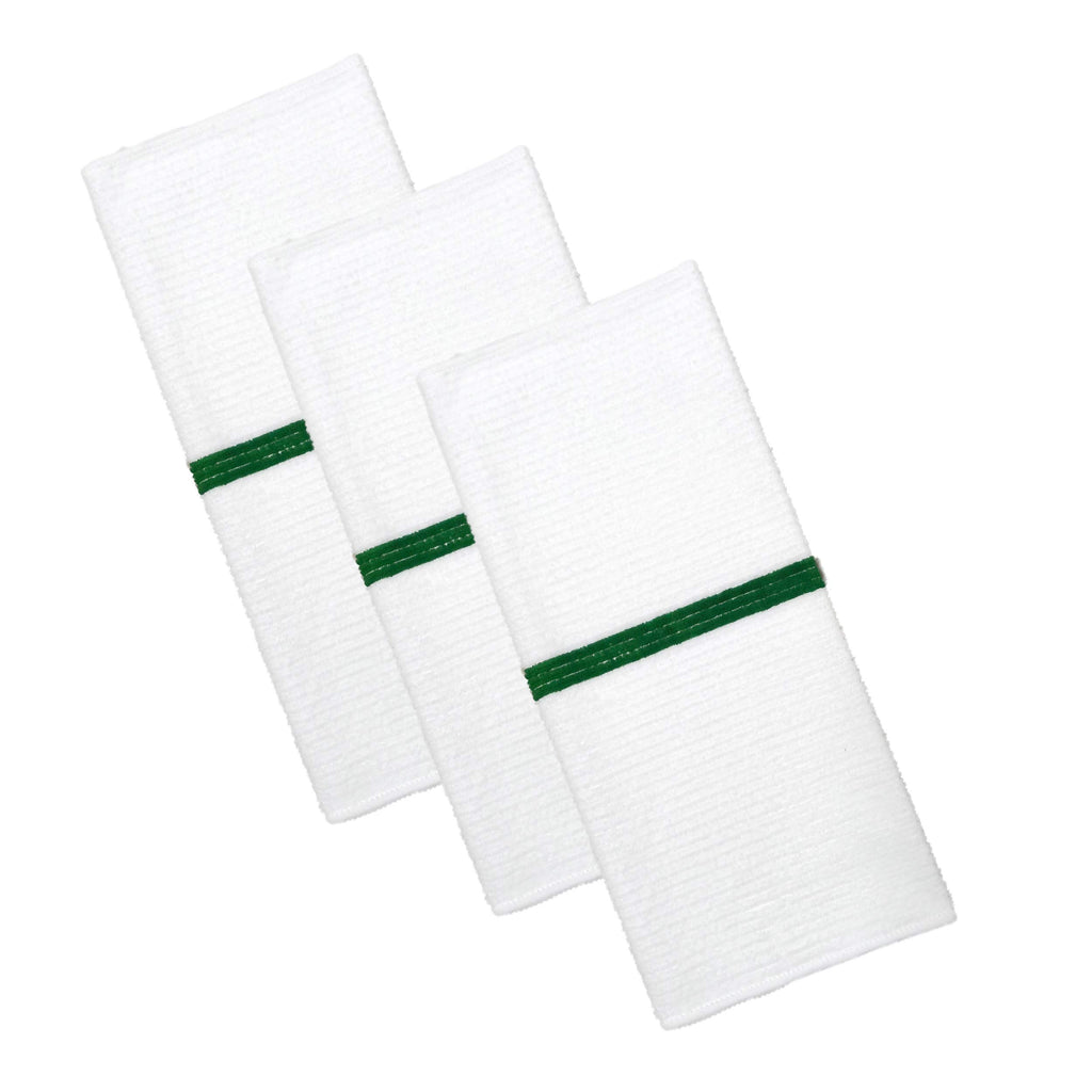 Polyte Microfiber All-Purpose Ribbed Terry Bar Mop Towel for Home, Kitchen, Restaurant Cleaning (14x17, White w/Green Stripe) 12 Pack