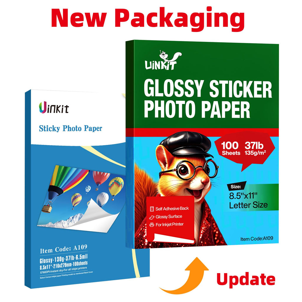 Uinkit 100 Sheets Printable Glossy Sticker Label Photo Paper Self Adhesive Sticky 8.5 x 11 6.5Mil for Dye Inkjet Printer A109 (100, 8.5x11Inches)