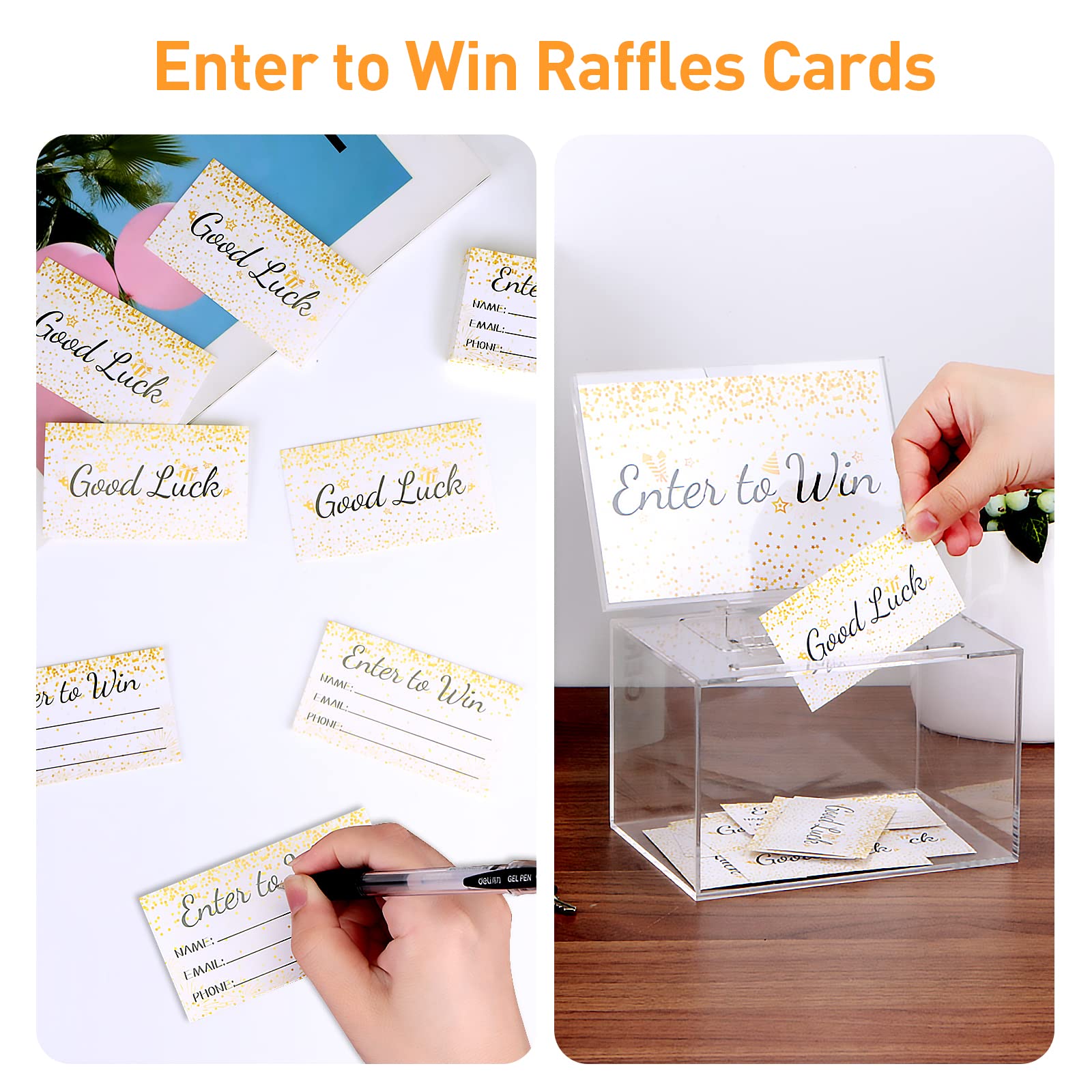 HOEMEM Acrylic Donation Box with 100 Pcs Raffle Tickets, Clear Ballot Box with Lock & Sign Holder Safe Suggestion Box Storage Container for Fundraising Voting Tip Jar (6" x 4.3" x 4")