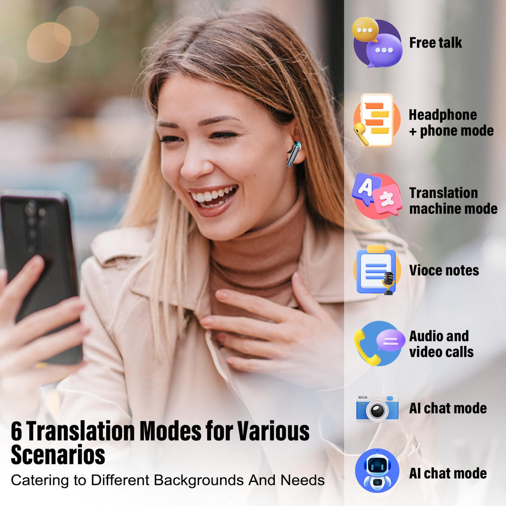 AI Language Translator Earbuds Real Time, 3 in 1 Simultaneous Interpretation Translator Earbuds with 164 Languages/6 Translation Modes, 40H Translation Headphones with ENC Mic Business/Learning/Travel
