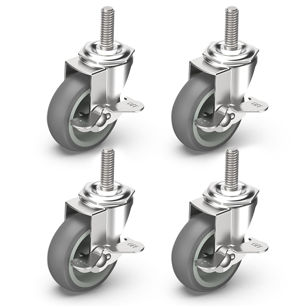 HOLKIE Caster Wheels 3 inch Locking Stem Casters, 3/8" -16 x 1-1/2" (Stem Diameter 3/8", Stem Length 1-1/2") Threaded Stem Casters Swivel Casters Set of 4 Heavy Duty Castors, Gray Caster for Furniture