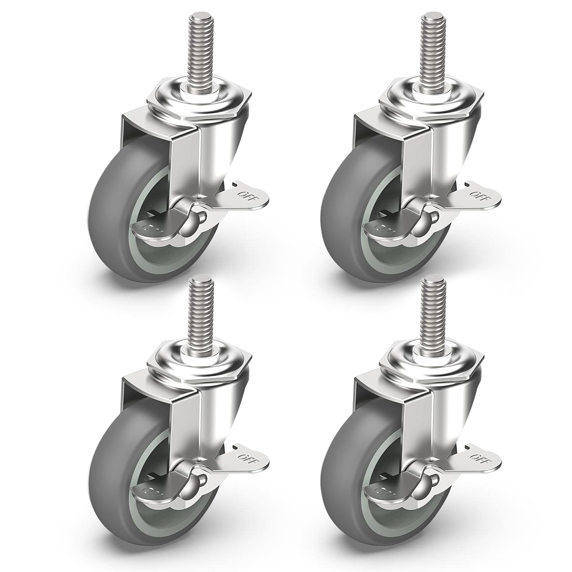 HOLKIE Caster Wheels 3 inch Locking Stem Casters, 3/8" -16 x 1-1/2" (Stem Diameter 3/8", Stem Length 1-1/2") Threaded Stem Casters Swivel Casters Set of 4 Heavy Duty Castors, Gray Caster for Furniture