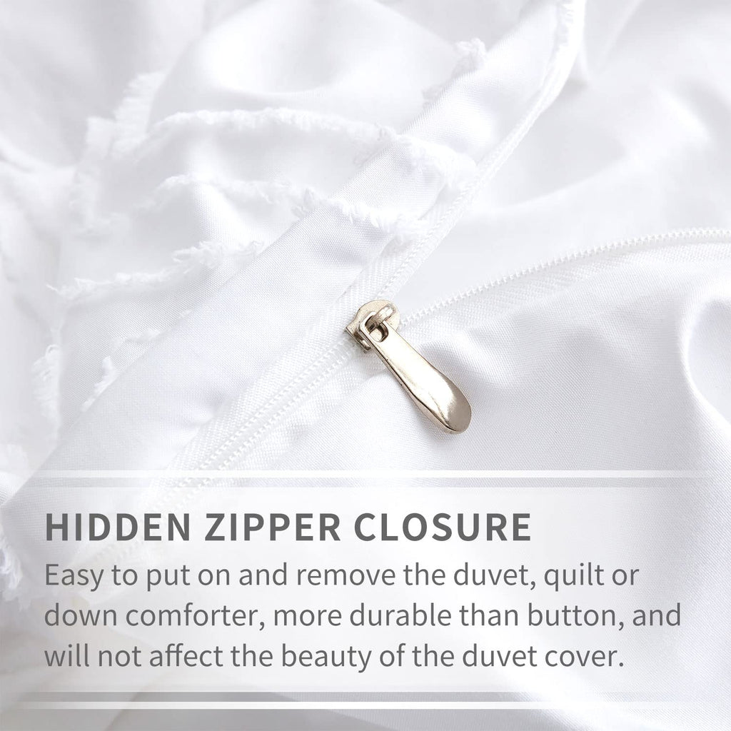 Maple&Stone Queen Duvet Cover Set, 3 Pieces Textured Tufted Boho Bedding Sets Zipper Closure Design with Ties, 1 Duvet Cover + 2 Pillow Shams, Comforter NOT Included (White, Queen Size)