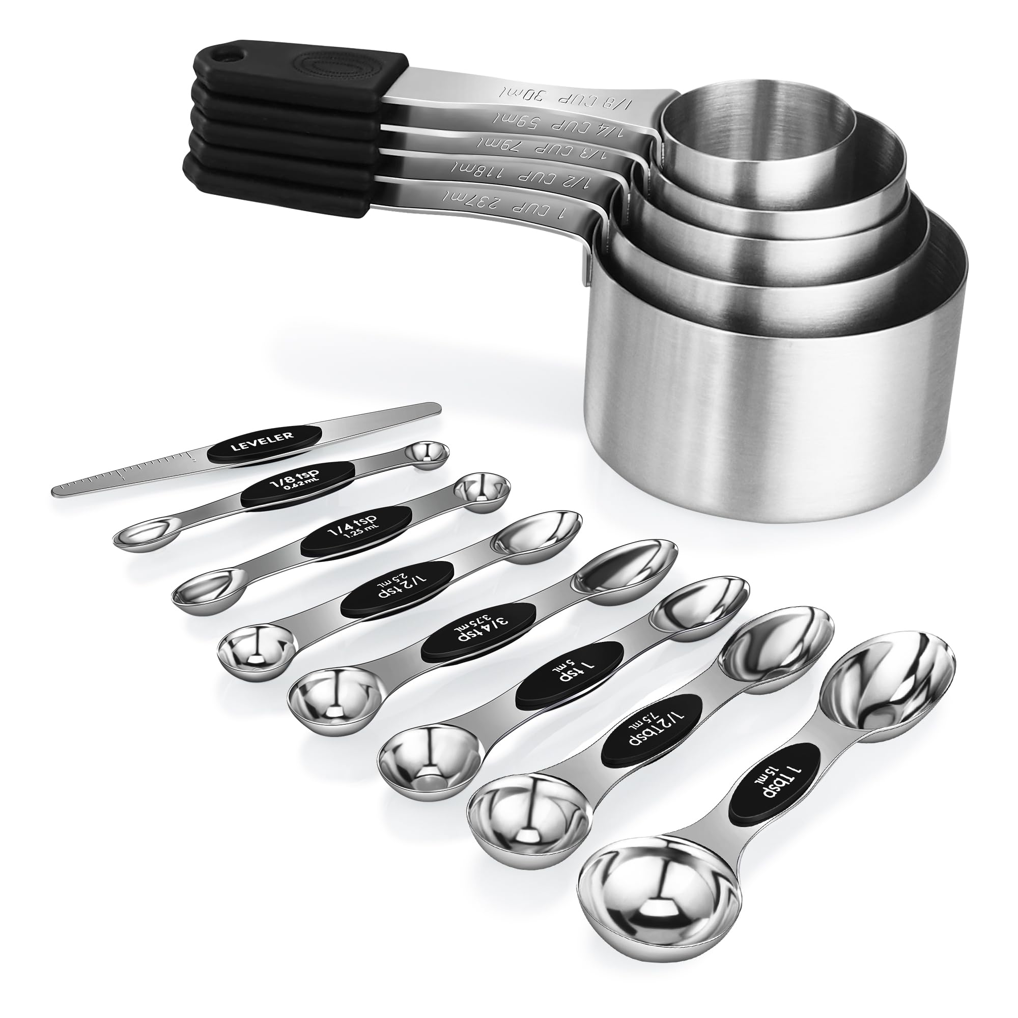 Magnetic Measuring cups and spoons Set, 5 Stainless Steel Magnetic Measuring Cup and 8 Double Sided Measuring Spoons with 1 Leveler，Kitchen Gadgets for Cooking & Baking