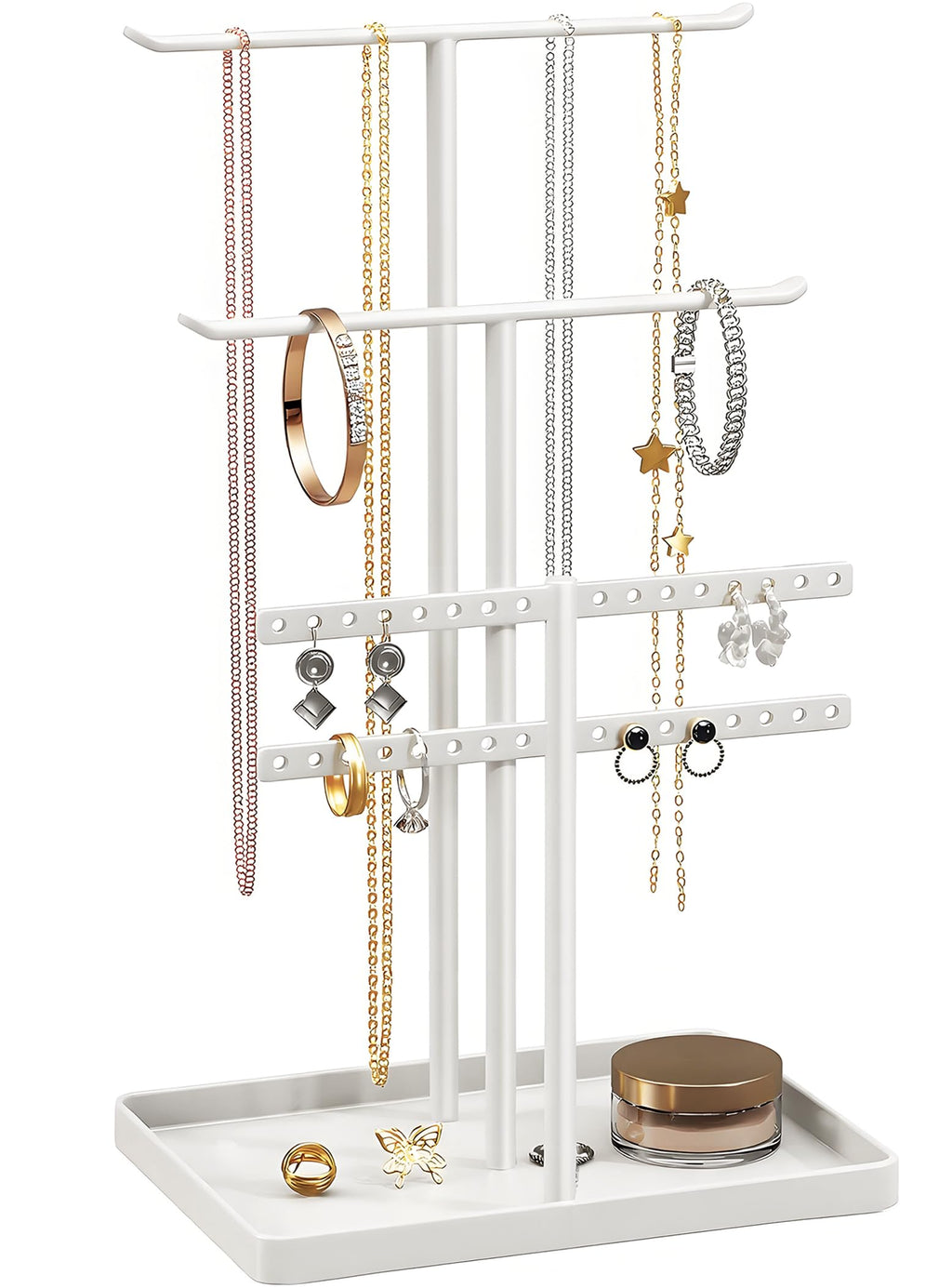 Jewelry Stand Organizer, 37CM Tall Sturdy Metal, 3-Tier Jewelry Holder for Necklace, Earring, Bracelet, Ring, White