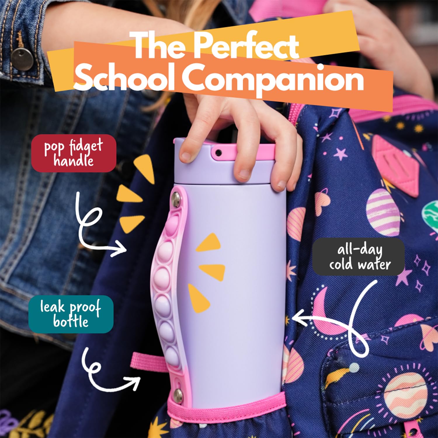 Elemental Iconic Kids Water Bottle for School - Leak-Proof Insulated Water Bottles with Straw Lid & Pop-It Handle for Boys & Girls - Triple Wall BPA-Free & Stainless Steel Bottle, 14oz - Lilac Tie Dye