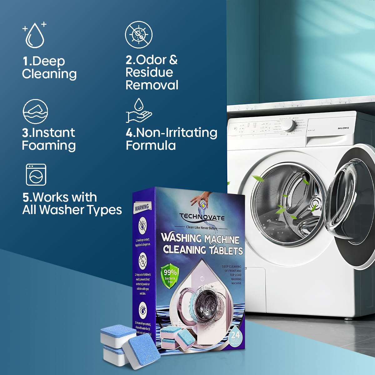 Technovate Washing Machine Cleaner Tablets 24 Pack Deep Drum Cleaning and Descaler for Front and Top Load Washers HE Safe, Septic & Eco-Friendly Deodorizer