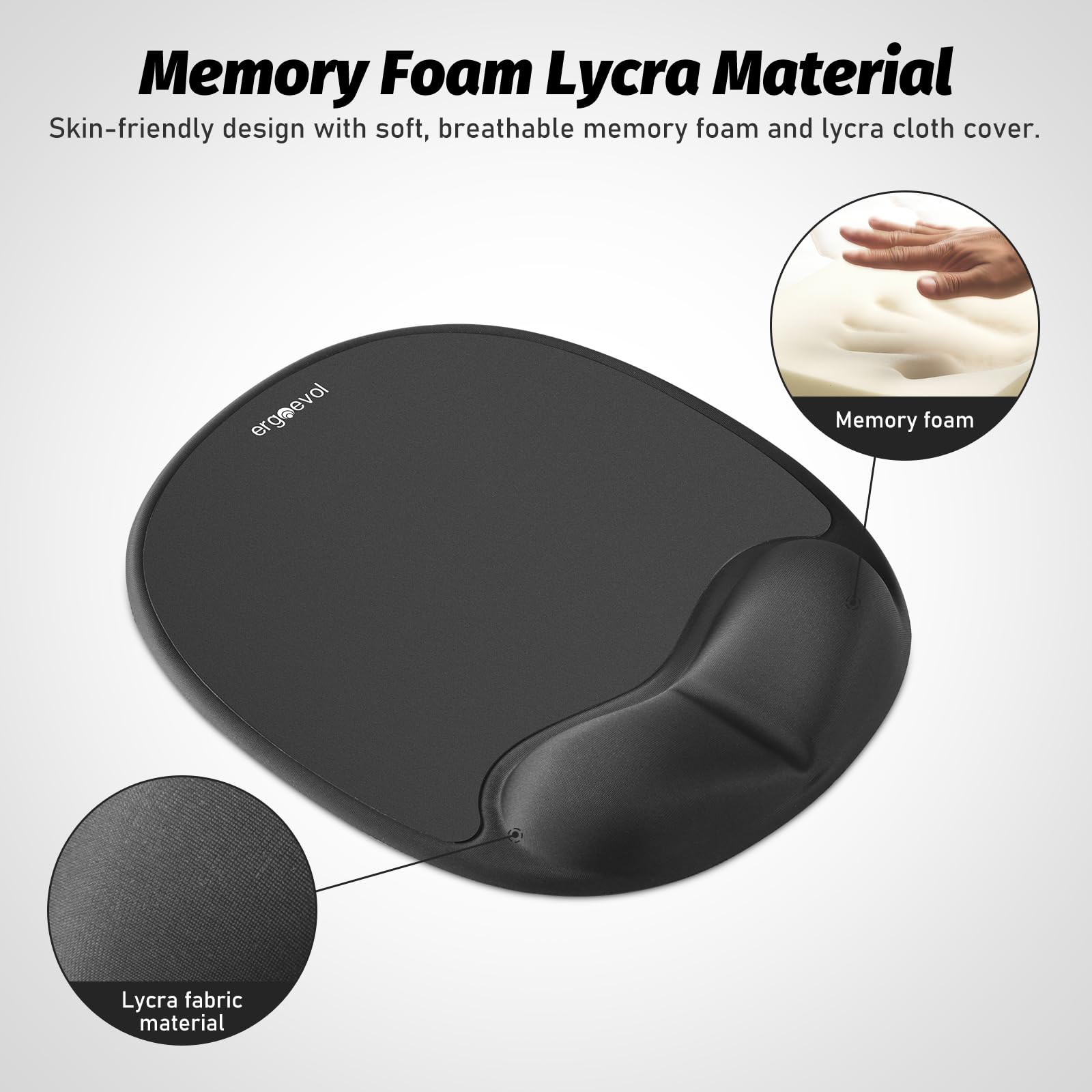 ErgoEvol Ergonomic Mouse Pad with Skin-Friendly Lycra Memory Foam Wrist Rest, Easy-to-Clean Smooth PP Surface, and Non-Slip PU Base – Ideal for Vertical, Ergonomic, and Office Mice(Jet Black)
