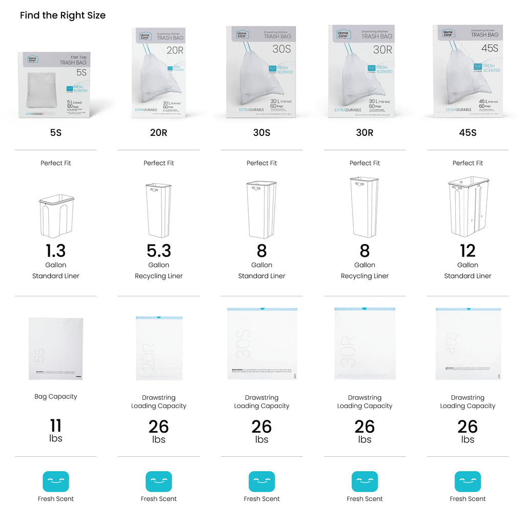 Home Zone Living 8 Gallon Kitchen Trash Bags with Drawstring Handles, Heavy Duty Custom Fit Design for 30 Liter Dual Recycling Liners, Code 30R, 60-Count