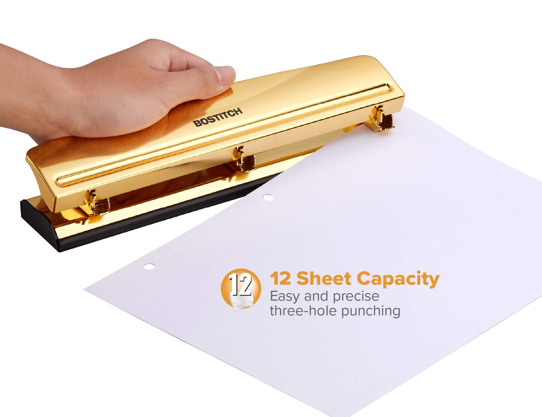 Bostitch Office 3 Hole Punch, 12 Sheet Capacity, Durable Metal, Gold Chrome, Rubber Base