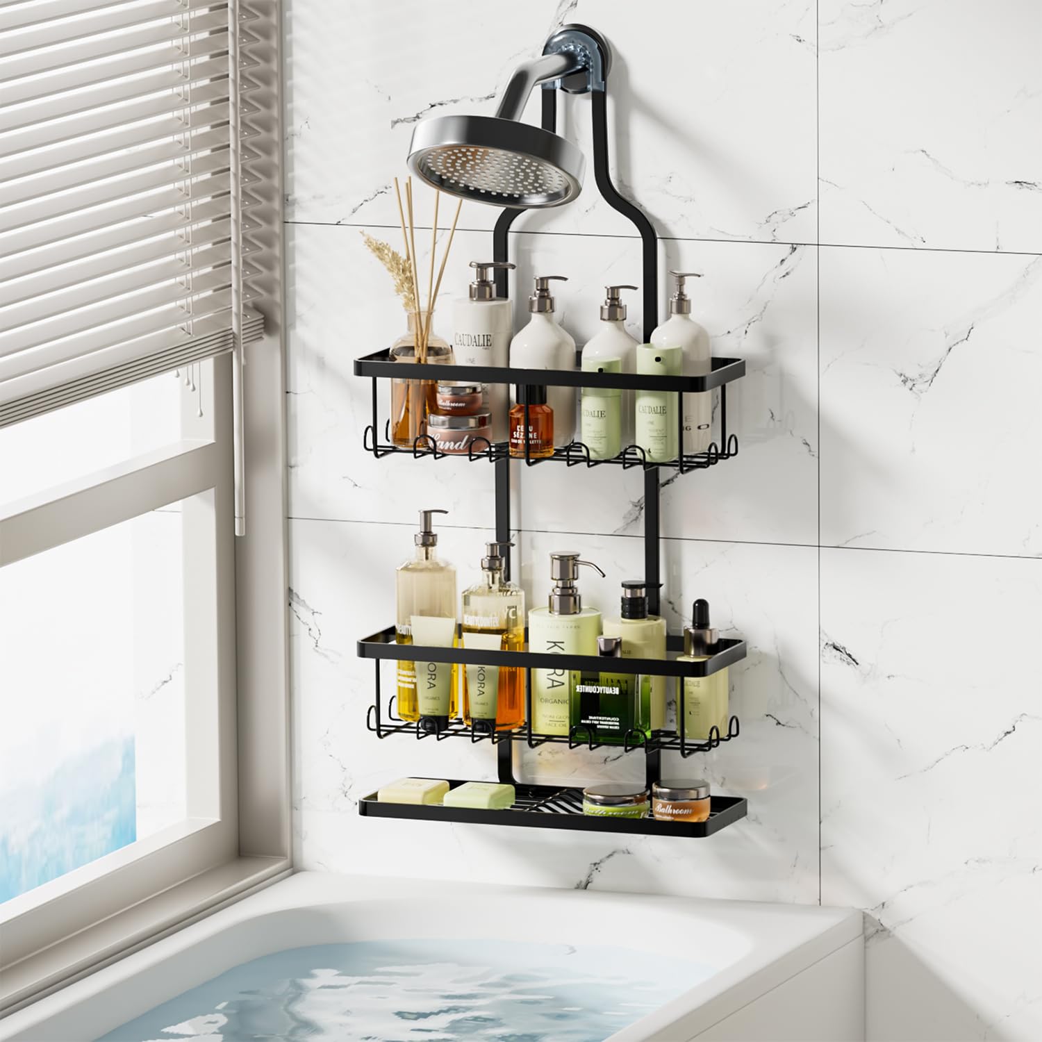 Shower Caddy Hanging, Bathroom Organizers Shelves over Shower Head, Anti-Swing Shower Organizer Shower Shelf, Hanging Shower Caddy with Hooks