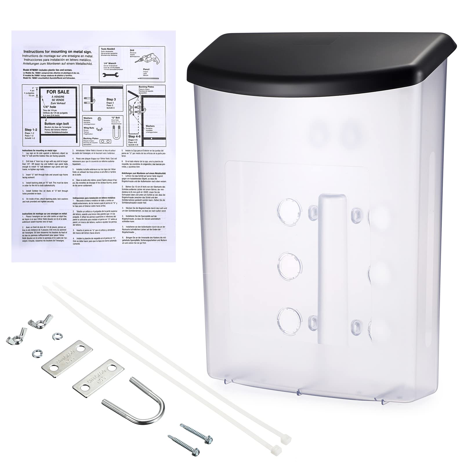 JuxYes Outdoor Literature Display Box with Black lid, Wall Mount Postcard Holder Brochure Holder, Clear Outdoor Document Holder 9.1 * 2.9 * 13.2 inches