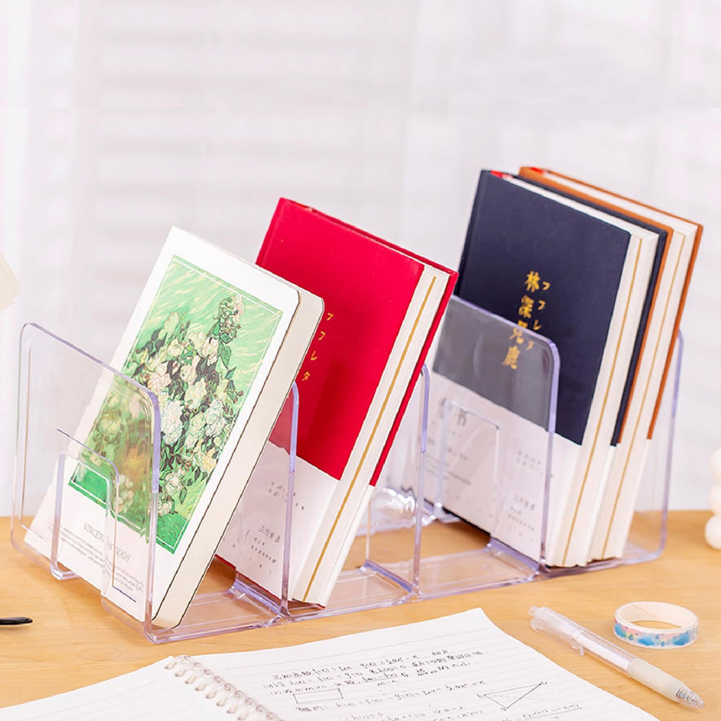 Marte Vanci Clear Acrylic File Sorter, Sturdy Desk File Organiser Shelf Book Holder Purse Handbag Clutch Dividers File Folder Rack for Letter Cookbooks Home Office Kitchen Supplies 4 Sections (2 Pcs)