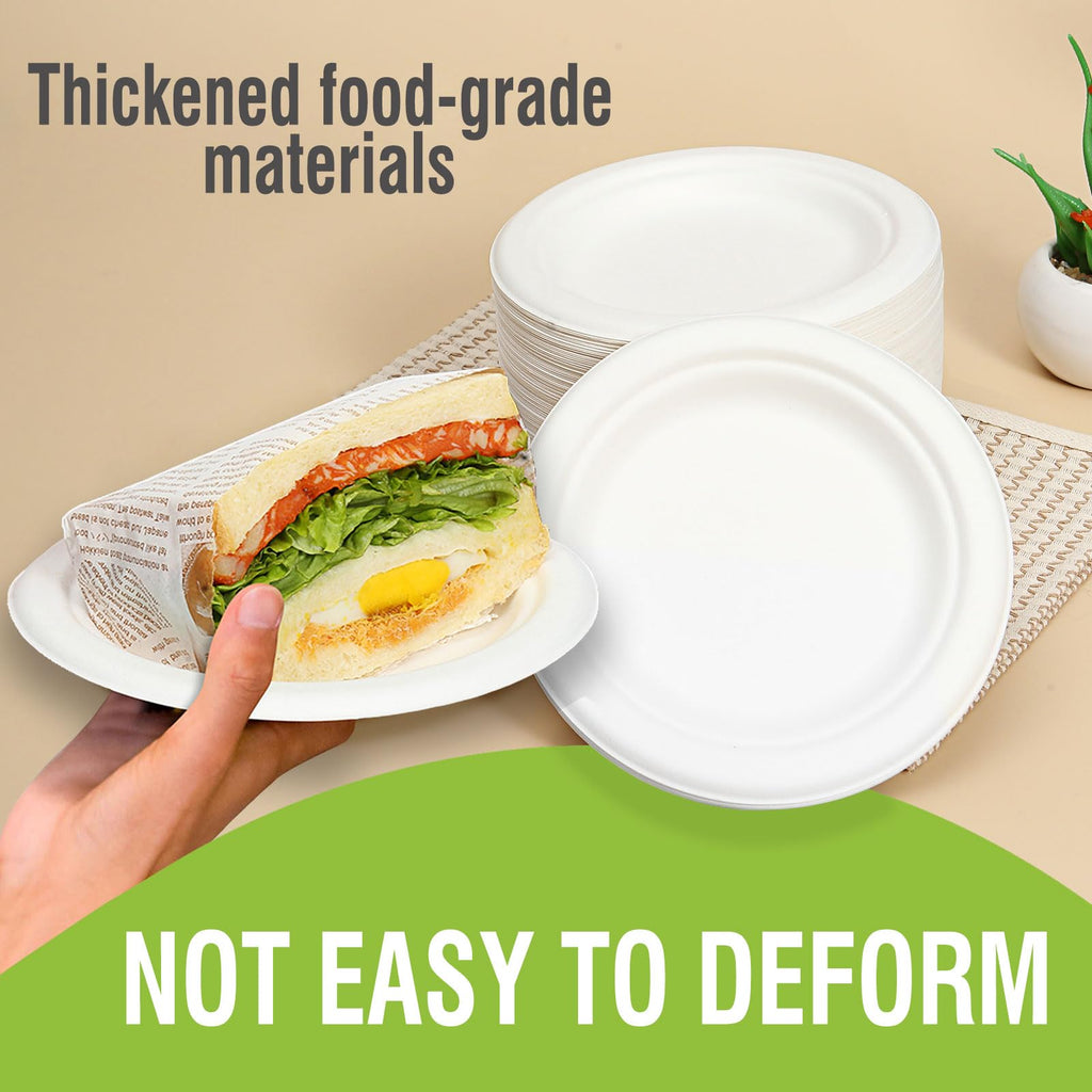 Disposable Large White Paper Plates 9 Inch - 100 Counts Heavy Duty Natural Bagasse Plates, Compostable & Oil-Proof, Microwave Safe for Family Christmas Dinner, Kids Pizza Nights & Fried Chicken Meals
