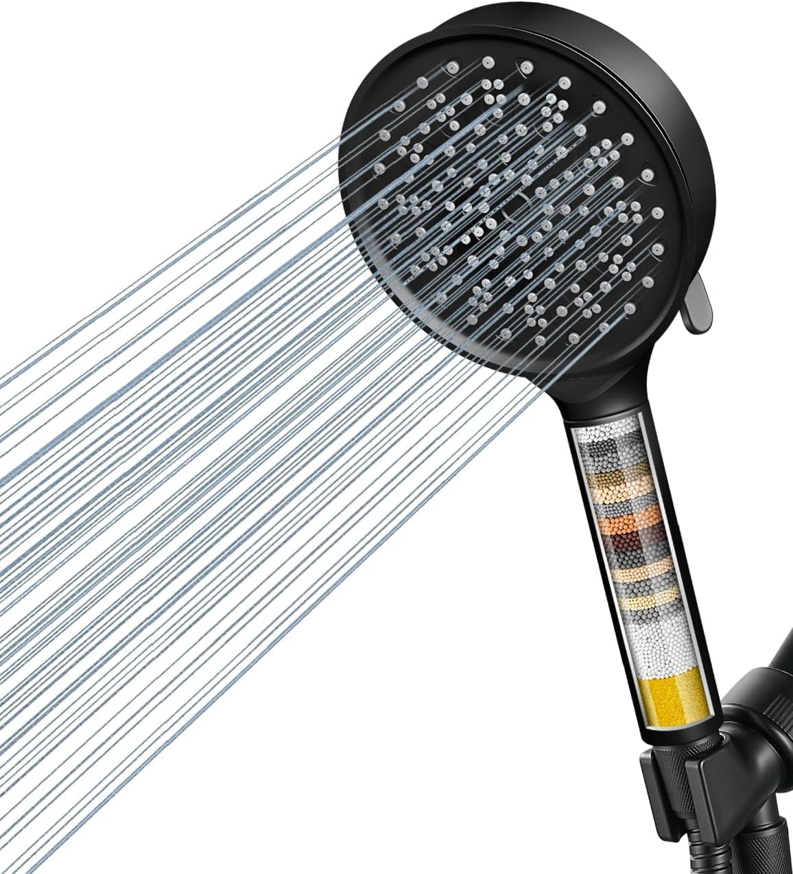 Cobbe Handheld Showerhead with Filter, High Pressure 6 Spray Pattern Showerhead with Holder, Hose and Water Softener Filters Beads for Hard Water Dechlorination, Black