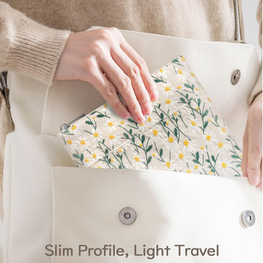 Dadanism Daisy Embroidered Book Sleeve with Zipper, Book Protector Pouch Books Lovers Gifts Bookish Gifts B-OOK Cover with Front Pocket for Hardcover Paperback, for Reader Teacher, Beige