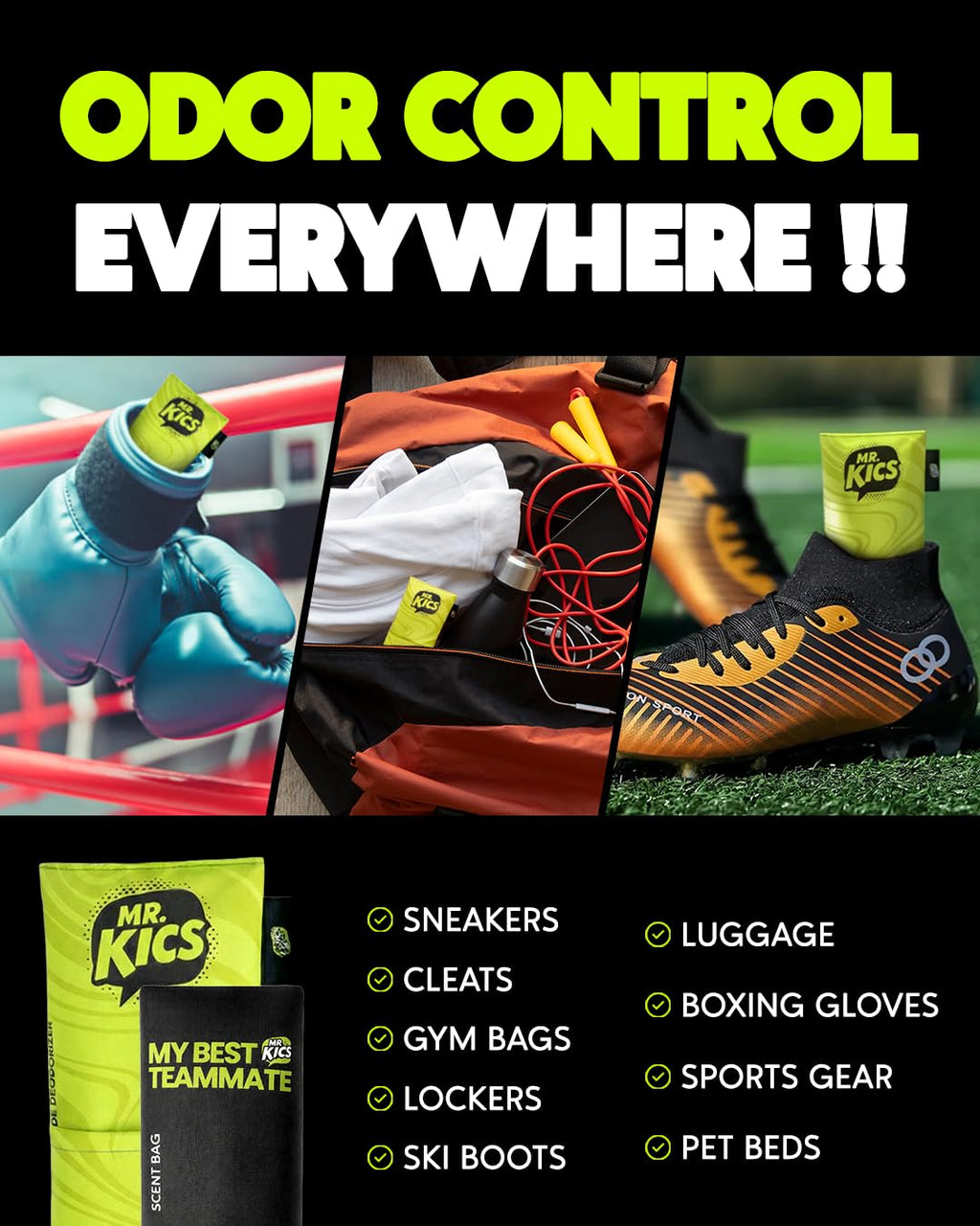 MR.KICS - Shoe Deodorizer Insert, Activated Charcoal Odor Eliminator, Moisture Absorber for Shoes, Gym Bags, Boxing Gloves, Cleats, Sports Gear - XL 2-Pack