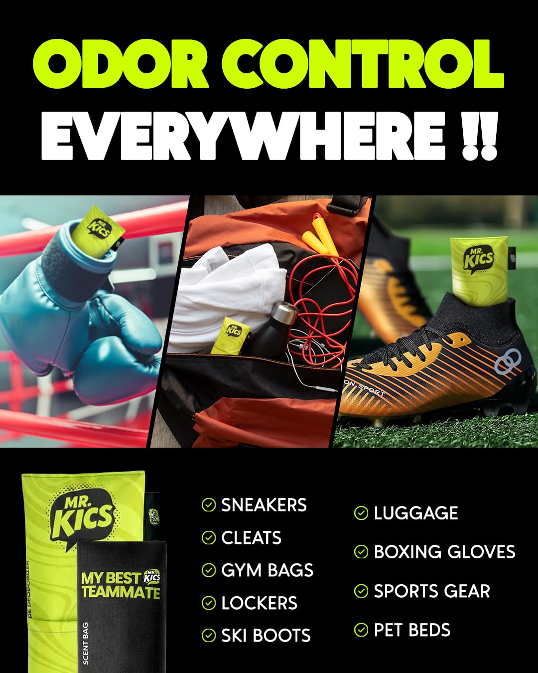 MR.KICS - Shoe Deodorizer Insert, Activated Charcoal Odor Eliminator, Moisture Absorber for Shoes, Gym Bags, Boxing Gloves, Cleats, Sports Gear - XL 2-Pack