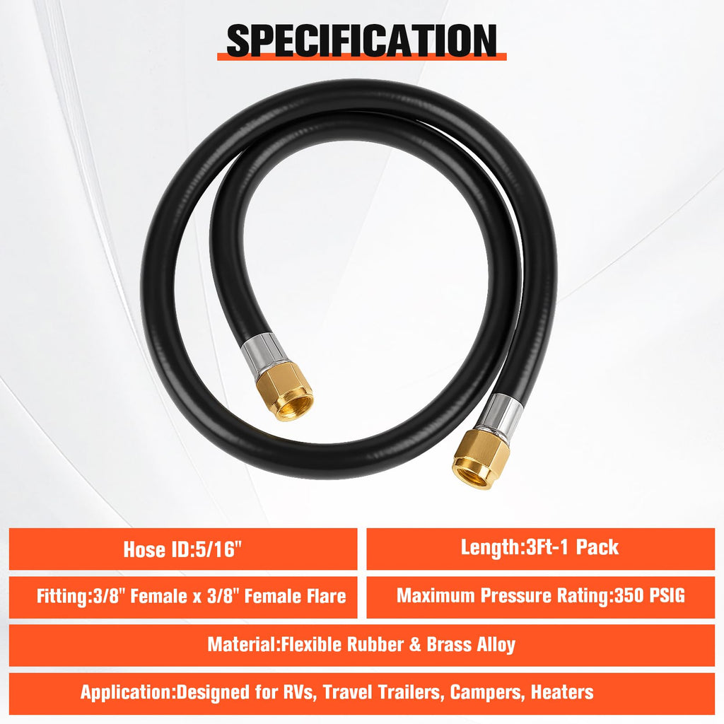 Wadoy RV Propane Hose Connector Assembly 3 Foot - 3/8" Female Flare x 3/8" Female Flare Quick Connect Hose 59913