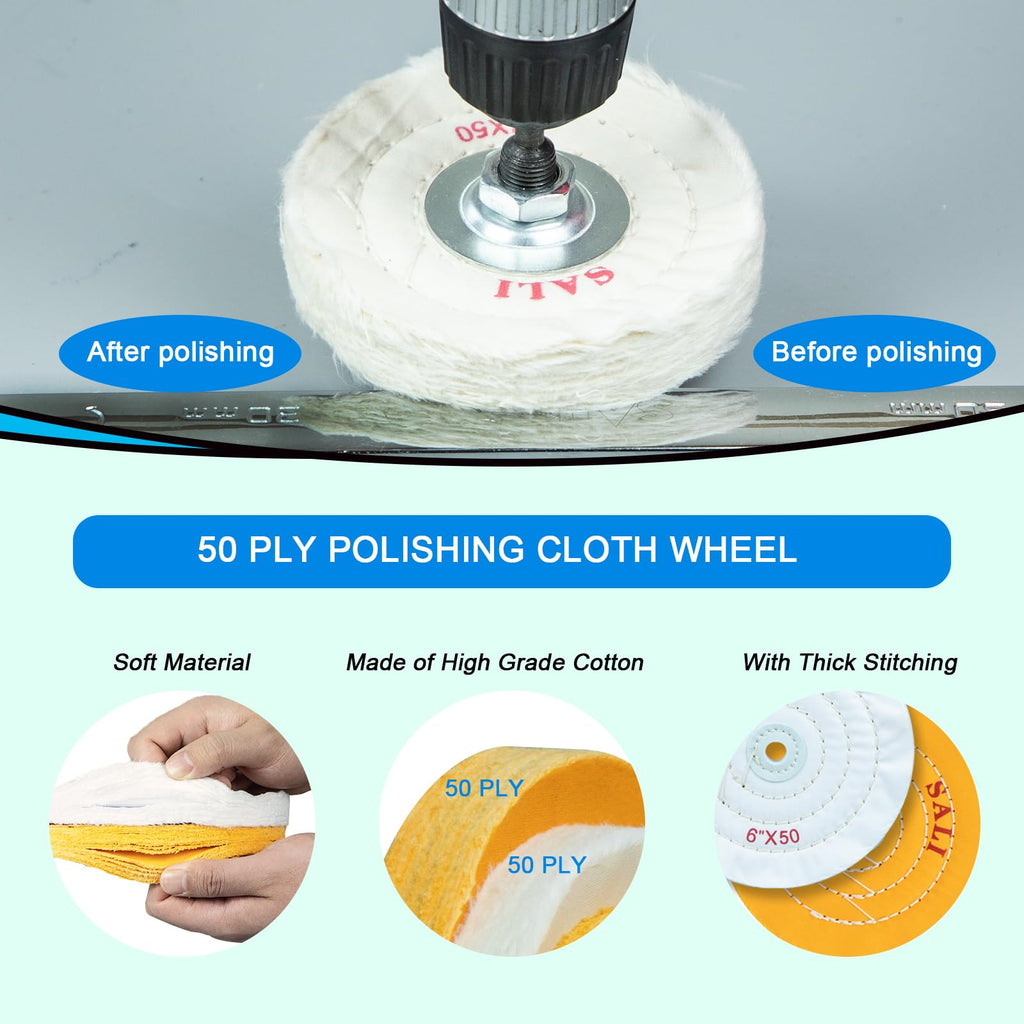 SALI 4 Pack Polishing Wheel for Bench Grinder 6" Buffing Wheel 2 *Yellow Cotton,1*White-Medium Cotton,1* White-Fine Cotton (50 Ply) for Buffer Polisher Pad 1/2'' Arbor Hole with Polishing Compound Kit