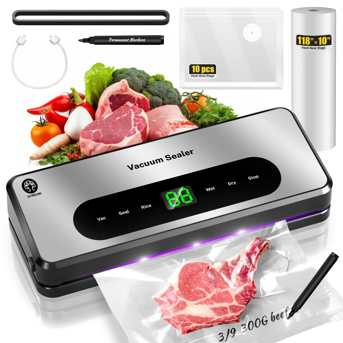 Gyreuni 8 in 1 Food Vacuum Sealer with Bags Kit,Multi-function Vacuum Sealer for Food Built-in UV Cutter/Bag Storage Act on Dry Wet oil Crispy,Attached Bag Rolls/10 Vacuum bags/Marker Pen