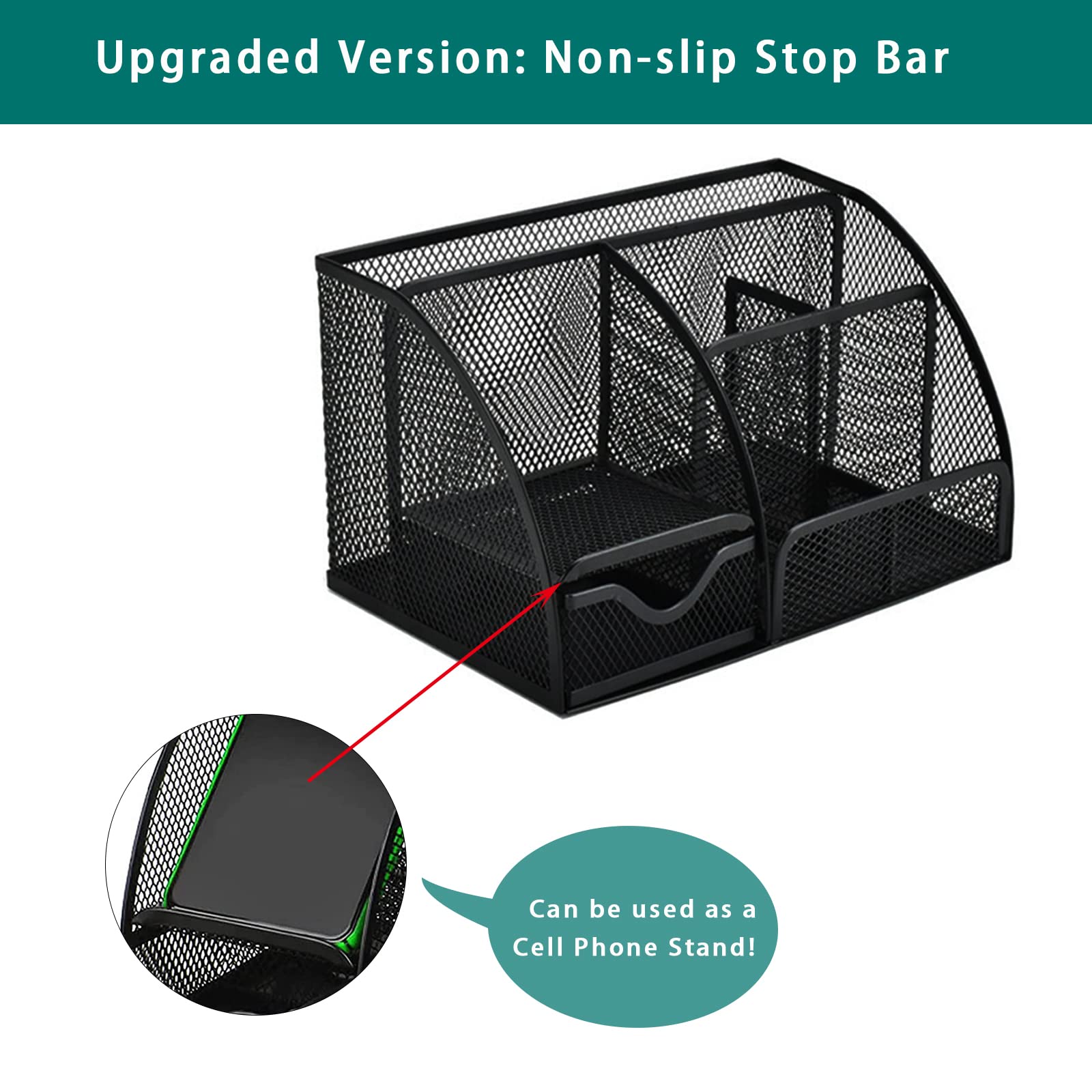 PYJLBX Desk Organizer, Pen Holder Desk Accessories, Metal Mesh Desk Organizers and Storage, Pencil Holder Desk Organizers Office Supplies Caddy Desk Storage with Draw for Home, Office, School (Black)