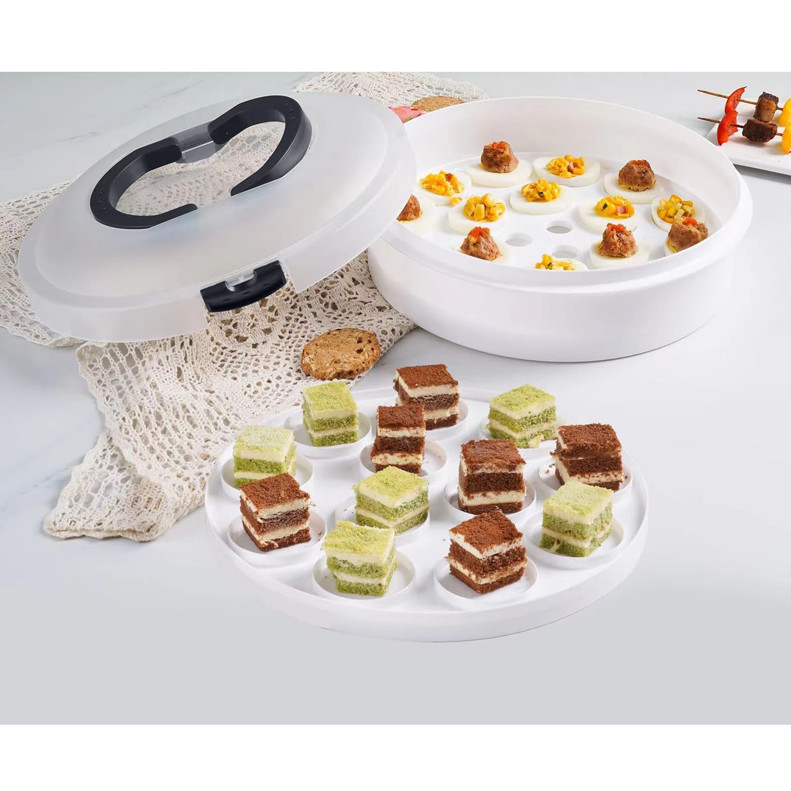 Xbopetda Round Cake Carrier 12 Inch Cupcake Holder Cake Stand with Lid and Handles 3-in-1 Cake Box Container BPA-Free Dessert Carrier for Cheesecake, Pie, Cupcakes Devil Eggs Cake (White, 12x4in)