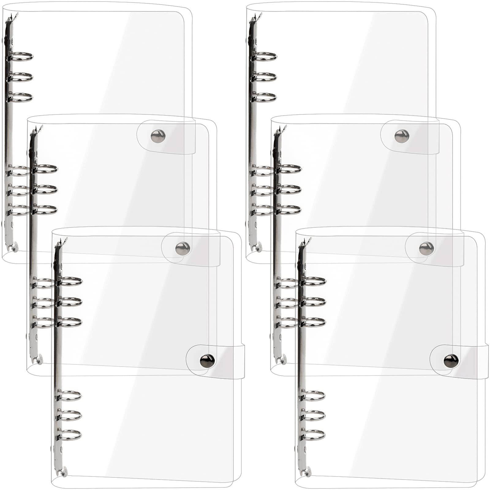 Elsjoy 6 Pack A5 Clear PVC Binder, 6-Ring Soft Notebook Binder Transparent Loose Leaf Binding Covers, Refillable Notebook Round Ring Binder with Snap Button Closure, 9.3" x 7"