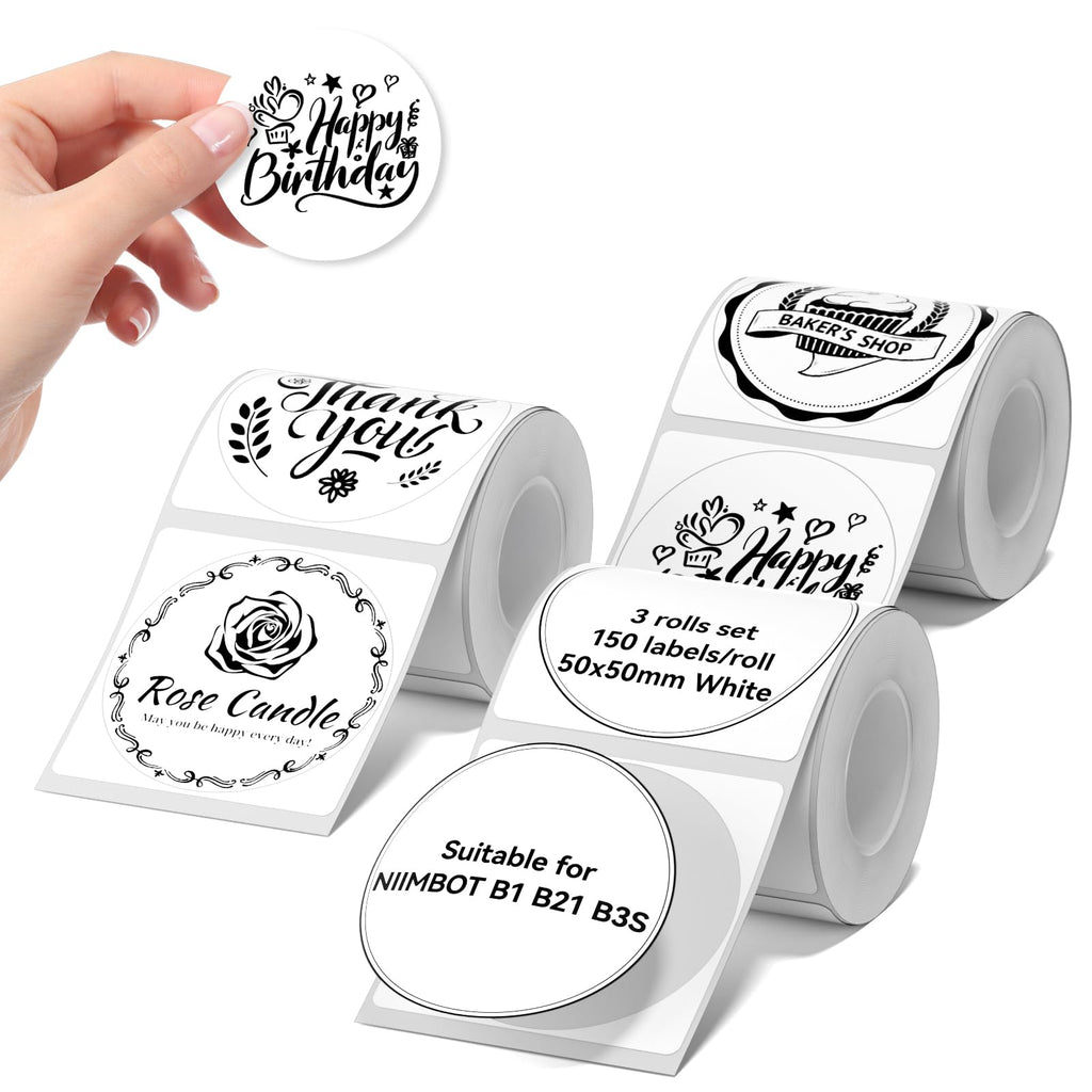 NIIMBOT Labels 3 Rolls Set for B1/B21/B3S Sticker Printer, 50 x 50 mm (1.97'' x 1.97'') 150 Labels/Roll, Refill Labeling Tape for Home School Office Small Business, White