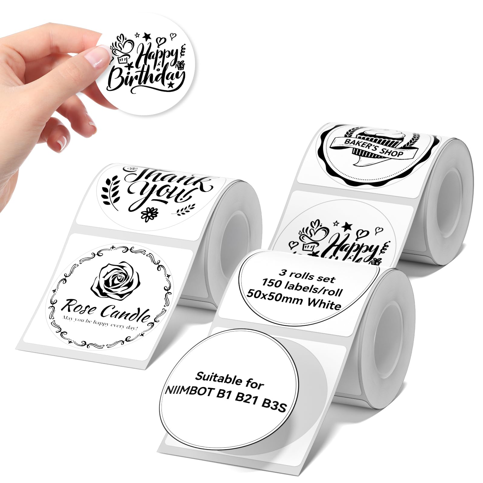 NIIMBOT Labels 3 Rolls Set for B1/B21/B3S Sticker Printer, 50 x 50 mm (1.97'' x 1.97'') 150 Labels/Roll, Refill Labeling Tape for Home School Office Small Business, White