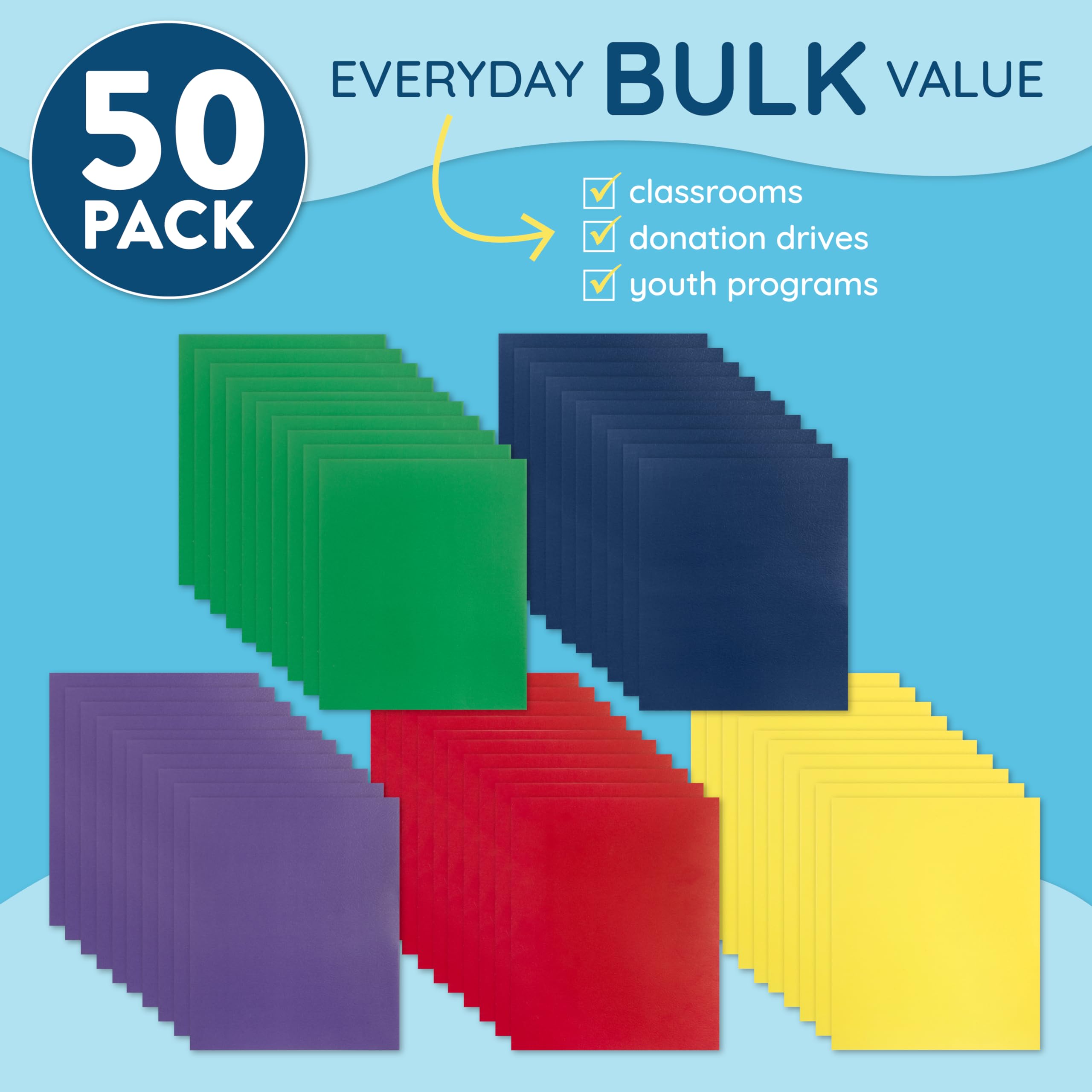 Blue Summit Supplies 50 Two Pocket Folders with Prongs, Designed for Office and Classroom Use, Assorted 5 Colors, 50 Pack Colored 2 Pocket 3 Prong Folders