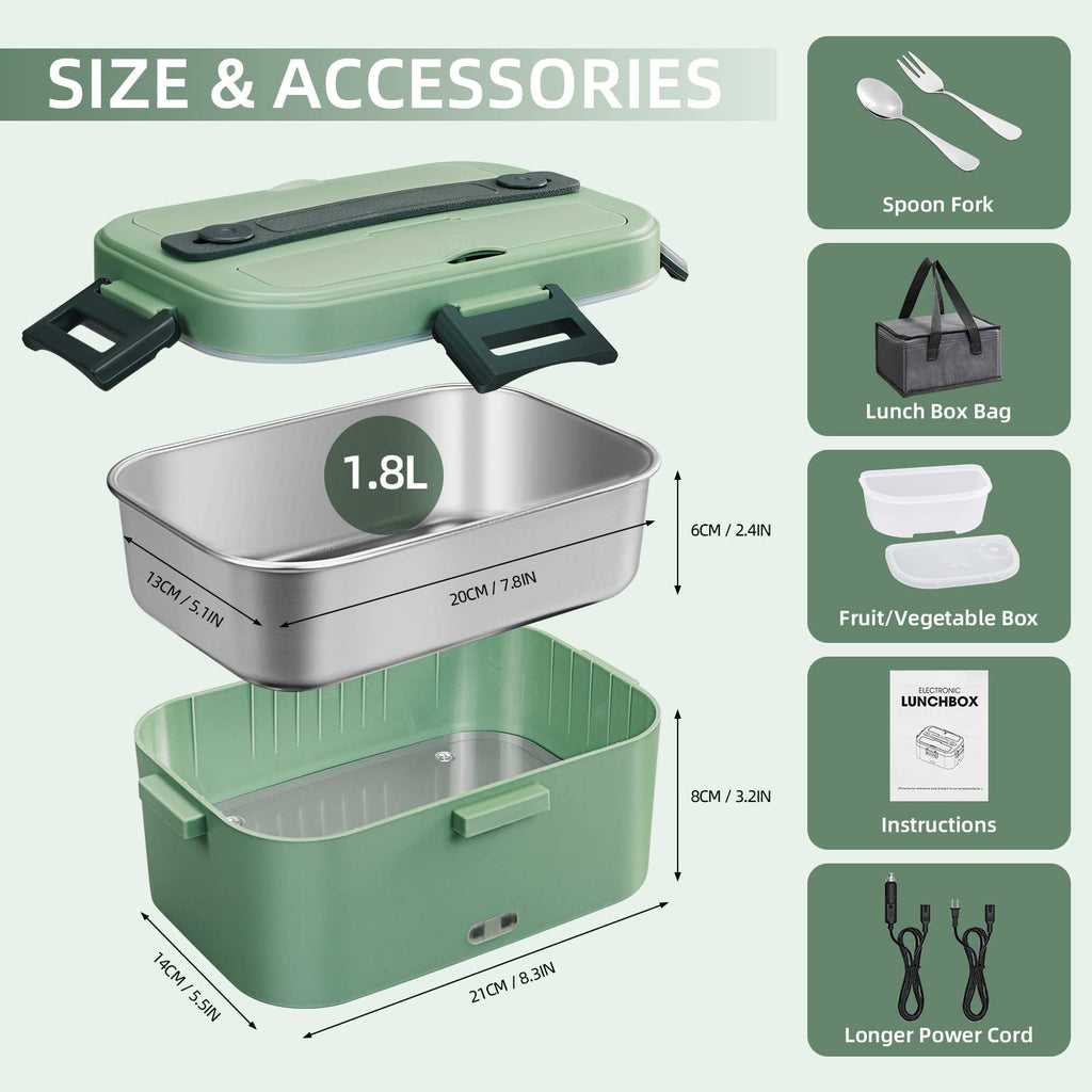 [2024 Upgraded] 75W Heated Lunch Box Men, 1.8L Large Capacity Electric Lunch Box for Adults/Work/Car/Office, 3 in 1 12V/24V/110V Food Warmer Lunch Box with Fork/Spoon and Insulated Carry Bag