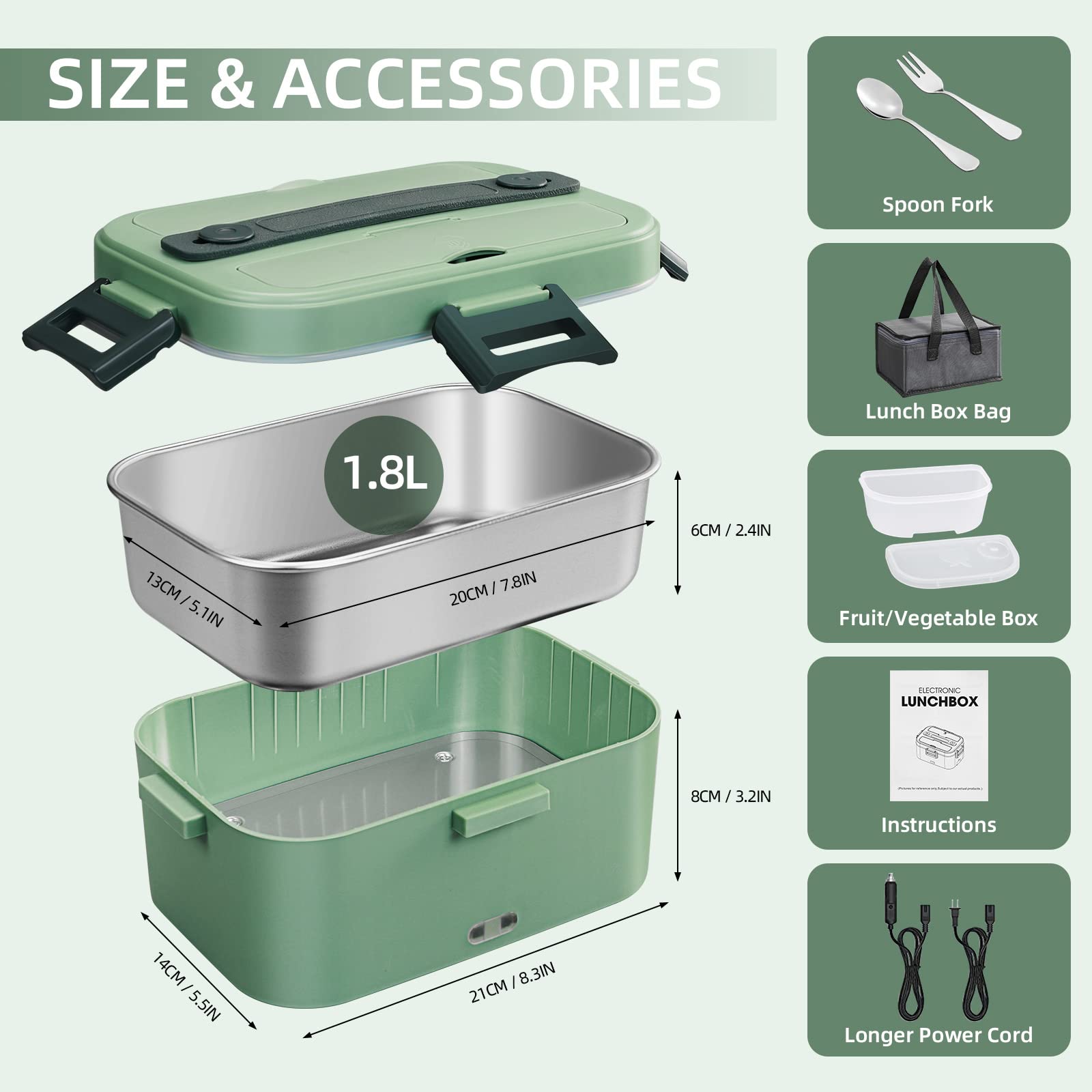 [2024 Upgraded] 75W Heated Lunch Box Men, 1.8L Large Capacity Electric Lunch Box for Adults/Work/Car/Office, 3 in 1 12V/24V/110V Food Warmer Lunch Box with Fork/Spoon and Insulated Carry Bag