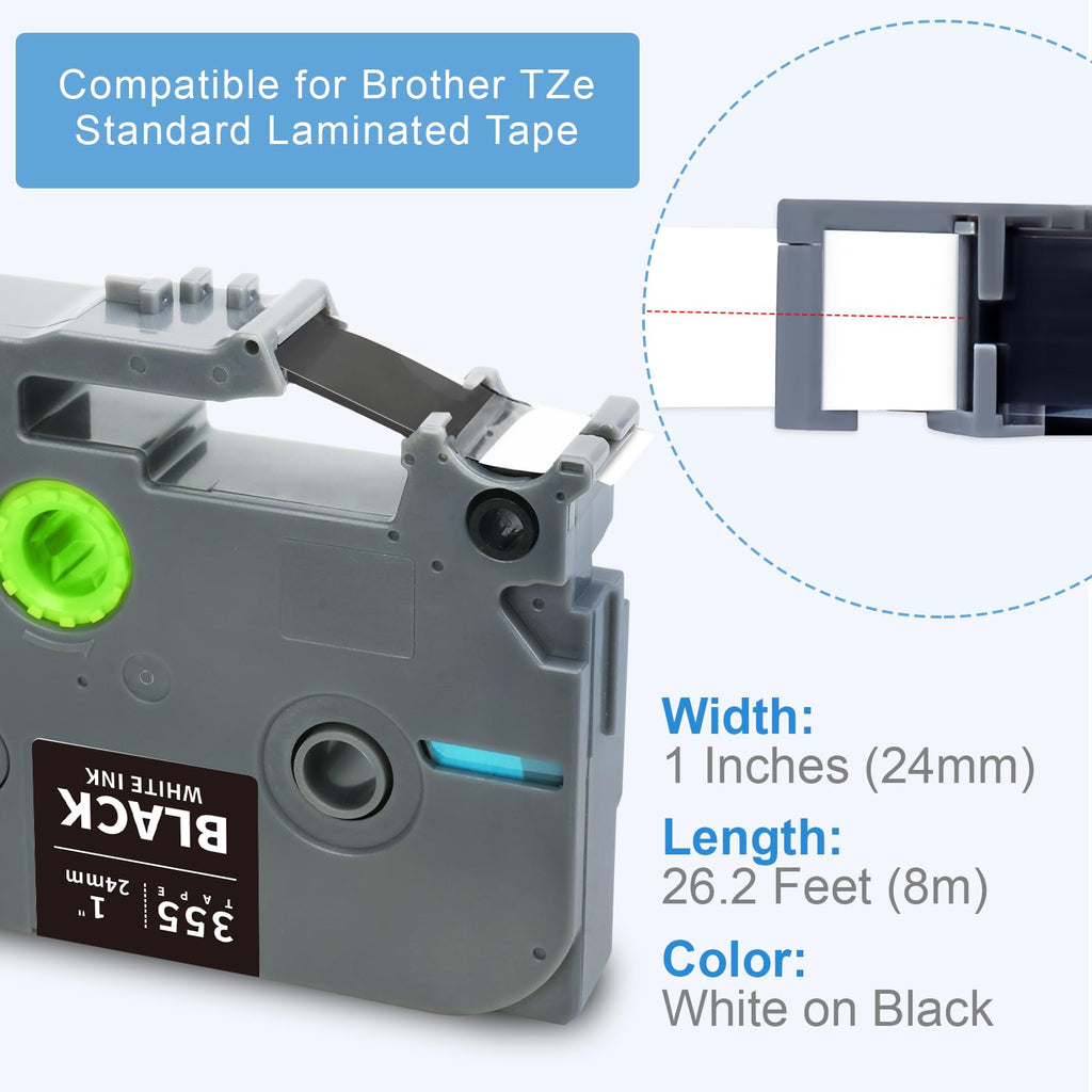 Absonic 3-Pack 24mm White on Black Label Tape Compatible for Brother Tze-355 Tz355 Tze355 Tz-355 PTouch Tze Tz Label Tape 24mm Laminated Black 1 Inch for PT-D600 PT-P700 PT-P710BT PT-P950NW PT-E500