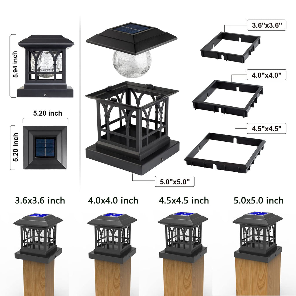 AEFRELEOHT Solar Post Cap Lights, Warm White & RGB Automatic Cycling, Cracked Glass Bulb, 20 Lumens lP65 Waterproof Fit 3.6x3.6 4x4 4.5x4.5 5x5 Wood Fence Post Solar Powered Lights Black (1 Pack)