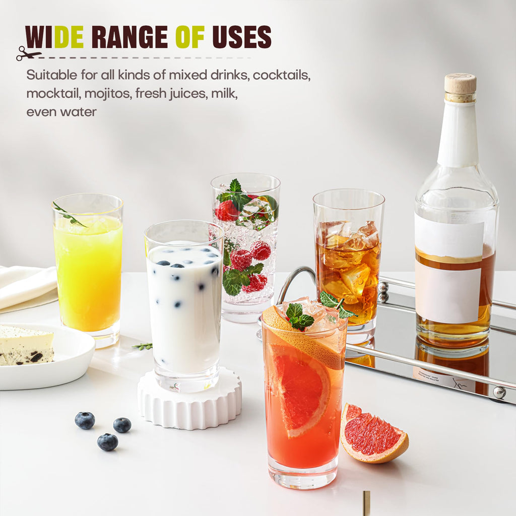 Highball Glasses Set of 6, 13oz Tall Drinking Glasses, Water Glass for Kitchen, Tom Collins Glasses, Mojito Glass Cups, Cocktail Glasses for Bar Glassware