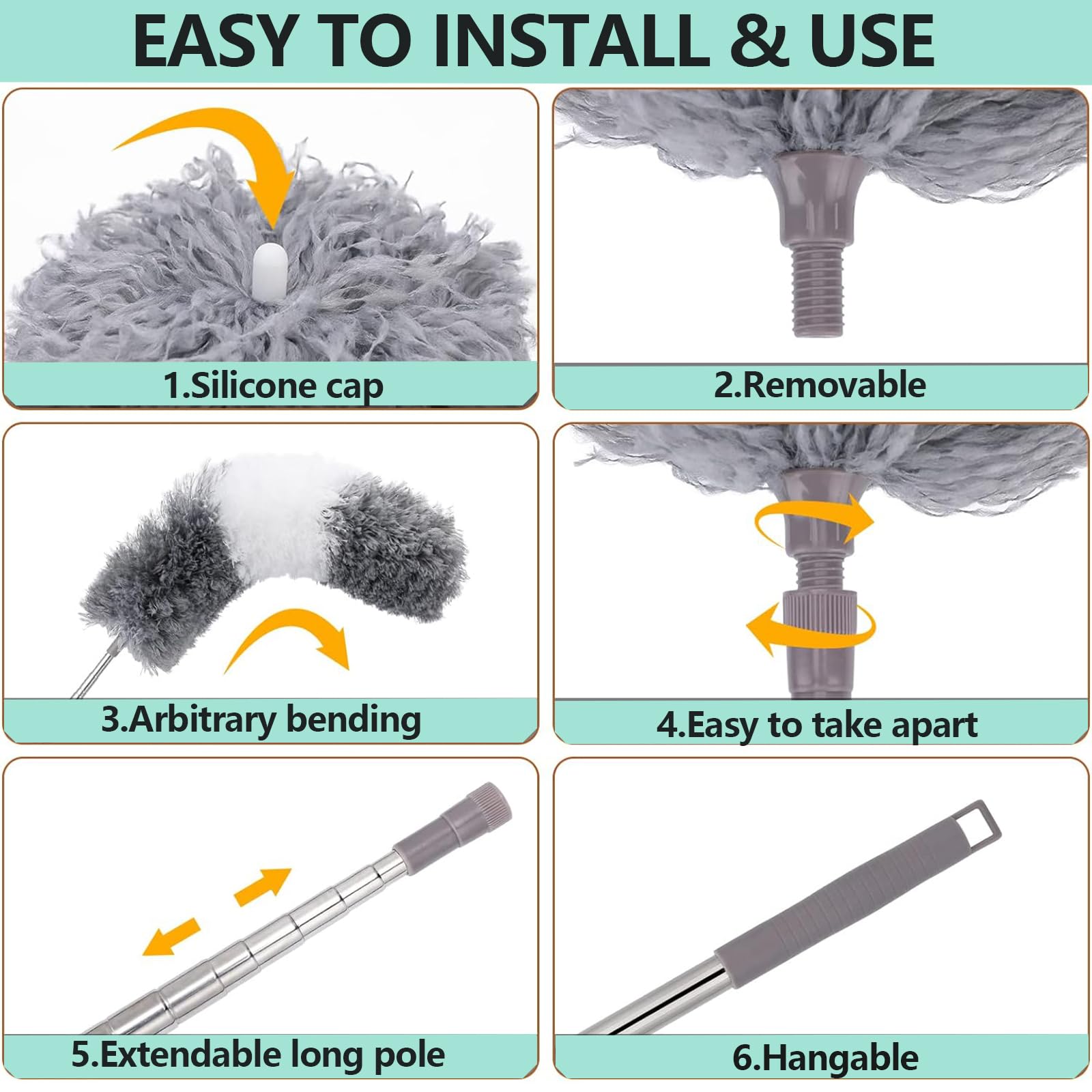 LLCJYYCY Feather Duster,Microfiber Dusters for Cleaning with Extension Pole,Washable Lightweight Dusters for Cleaning Ceiling Fan, High Ceiling, Furniture,Bed Bottom, Gap,Spider Web etc.