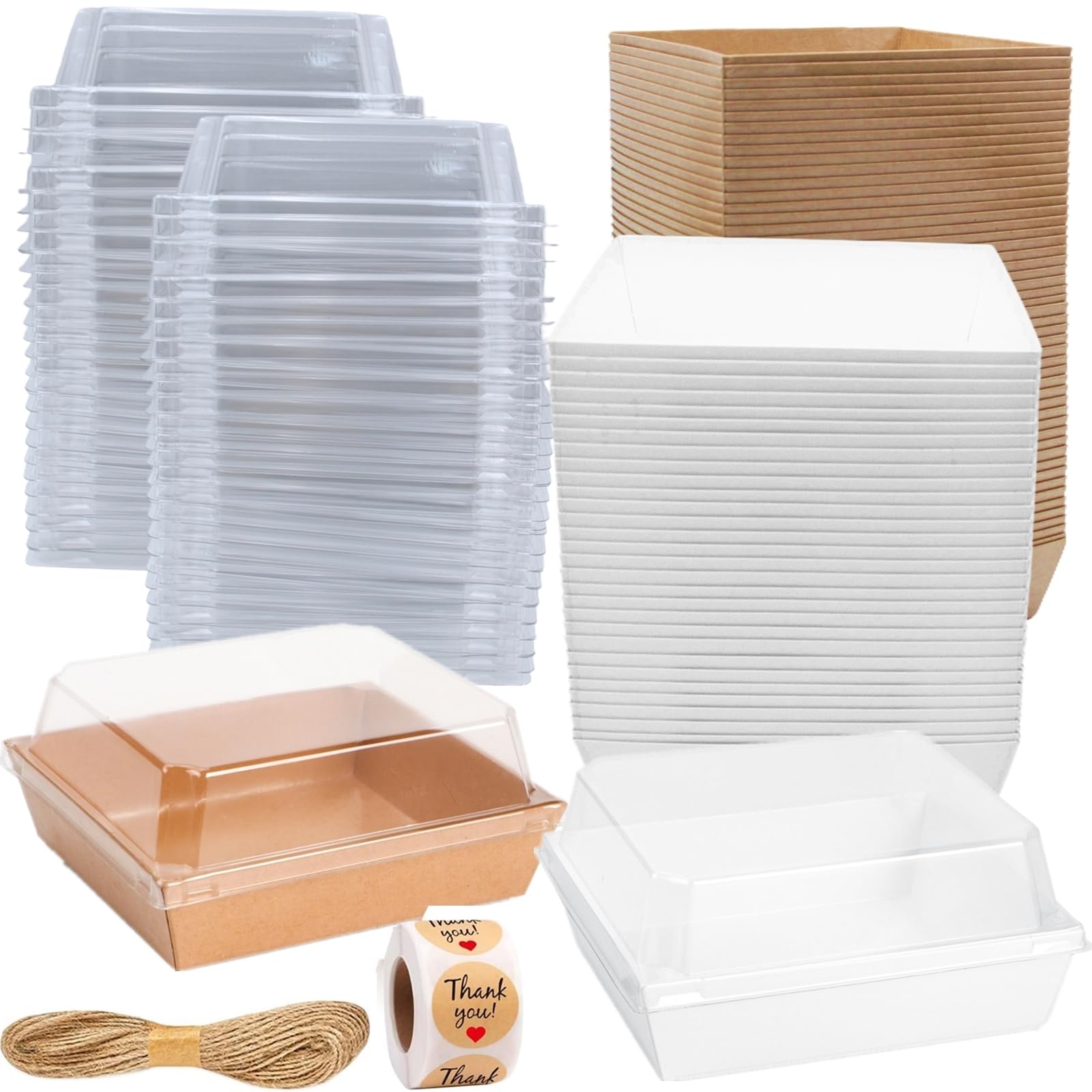 Zentriqlla 100 Pack Charcuterie Boxes with Clear Lids, Disposable Bakery Dessert Containers, To Go Treat Boxes with Twine & Stickers for Sandwich, Snacks, Cakes, Weddings, Strawberries, 5"x5"x2.6"