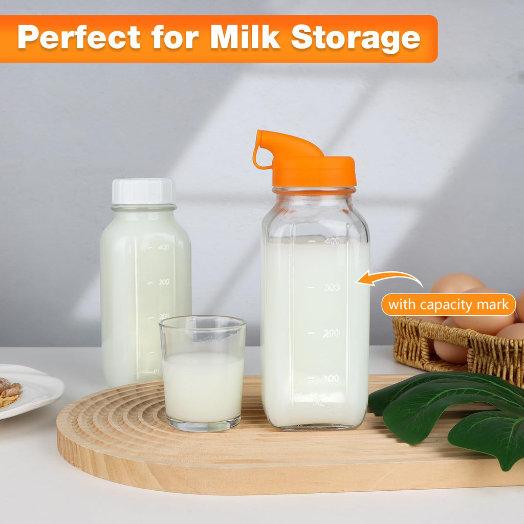 HINGWAH 4 Pack 16 OZ Glass Milk Bottles with Lids & Scale & Silicone Pour Spout, Reusable Square Water Bottles for Juice, Milk, Smoothies