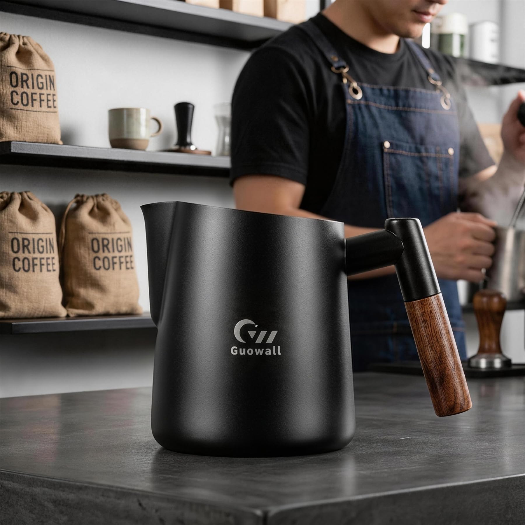 Guowall Milk Frothing Pitcher Stainless Steel Espresso Steaming Pitcher for Cappuccino Latte Art 14 oz (420 ml) Milk Jug Coffee Frother Cup with Wooden Handle - Black