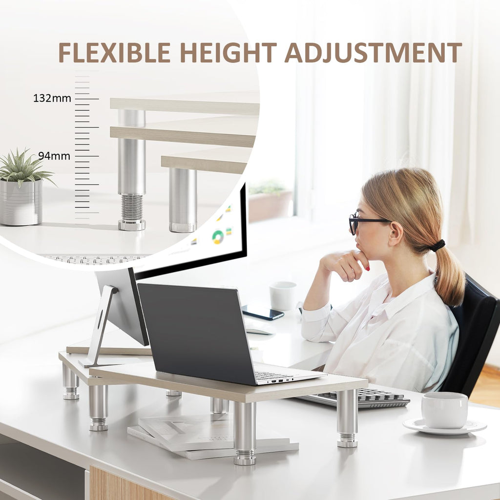 Dual Monitor Stand Riser, Monitor Stand with Adjustable Height Steel leg, Wood Monitor Stand for Desk, Monitor Riser for 2 Monitors with Storage Space